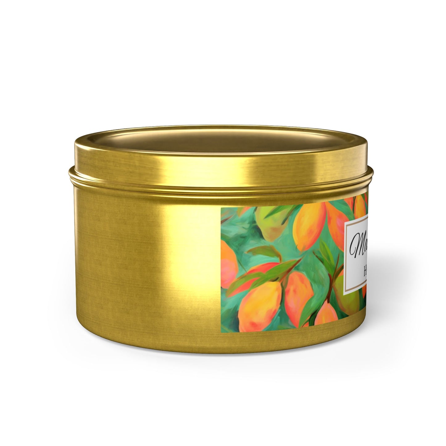 Mango Coconut Scented Coconut Apricot Wax Candle, 8 oz. Gold Tin Jar with Lid - Fruity Candle, Gift for Her, Tropical Candle, Summer Decor