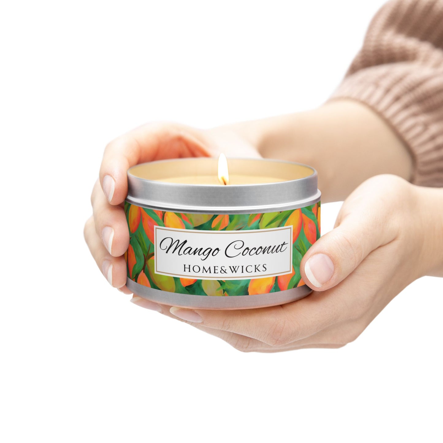 Mango Coconut Scented Coconut Apricot Wax Candle, 8 oz. Silver Tin Jar with Lid - Fruity Candle, Gift for Her, Tropical Candle, Summer Decor