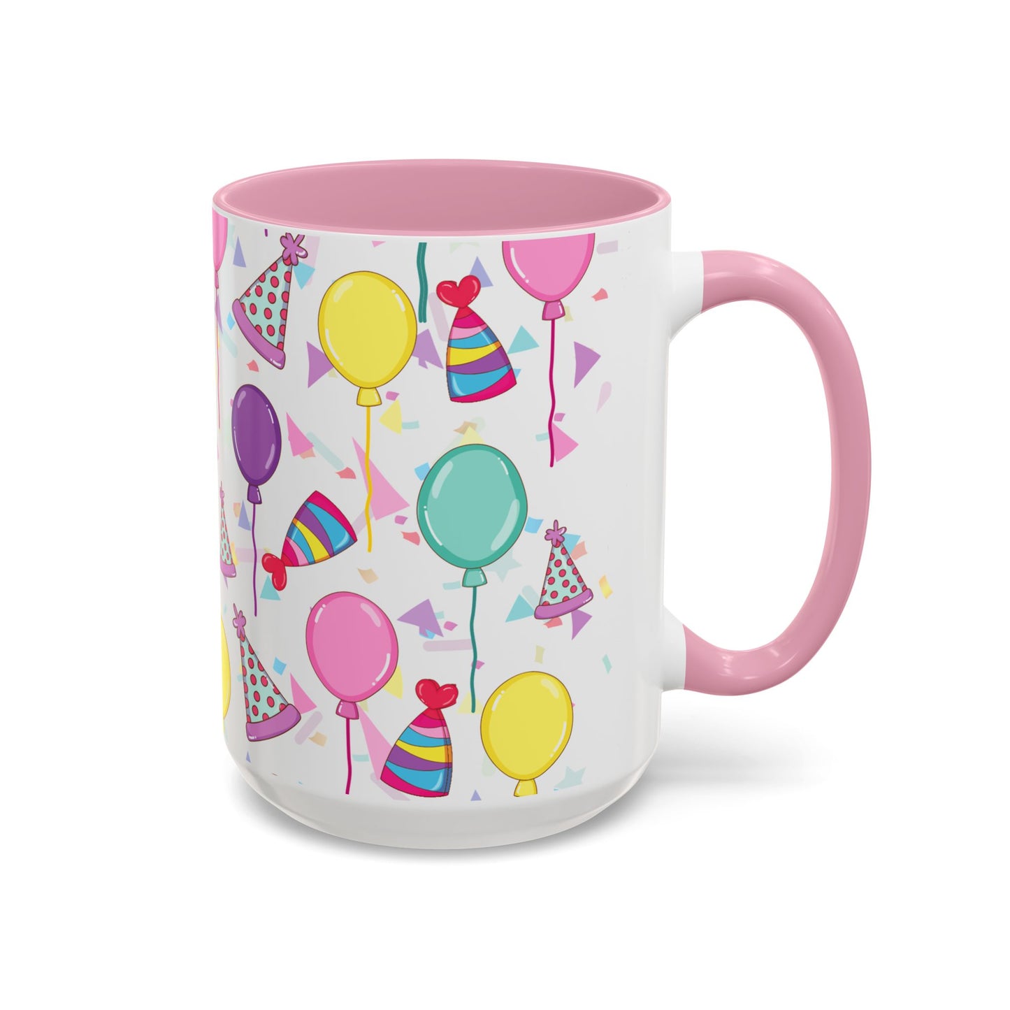 Happy Birthday mug with pink accent color with birthday hats, confetti and balloons pattern on a white background