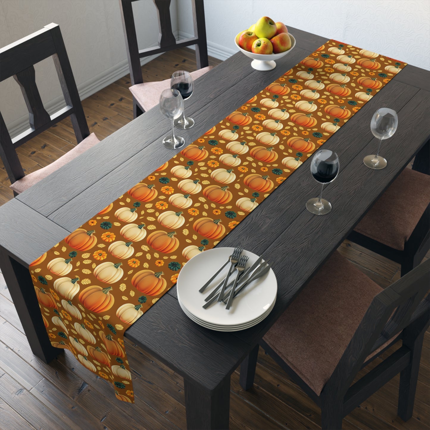 Fall Pumpkin Table Runner - 16" x 72" or 16" x 90" Size Options - Thanksgiving / Fall Table Runner, Pumpkin Thanksgiving Design Table Setting, Halloween Fall Decor - Cotton Twill or Polyester choices