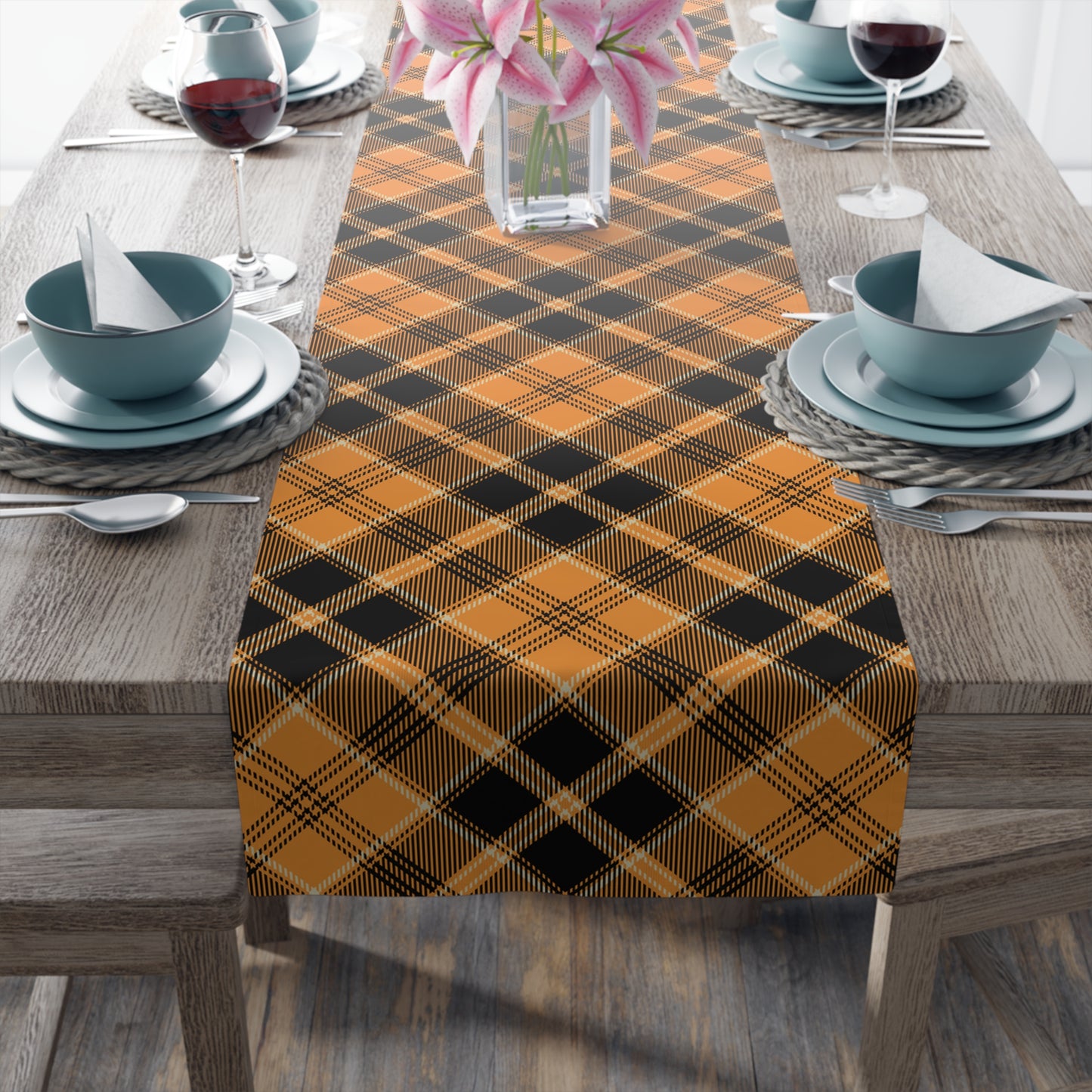 Halloween Plaid Table Runner 16" x 72" or 16" x 90" Sizes - Halloween Dining Decor, Holiday Table Decor, Fall Autumn Table Runner, Halloween Table Runner - Cotton Twill or Polyester choices