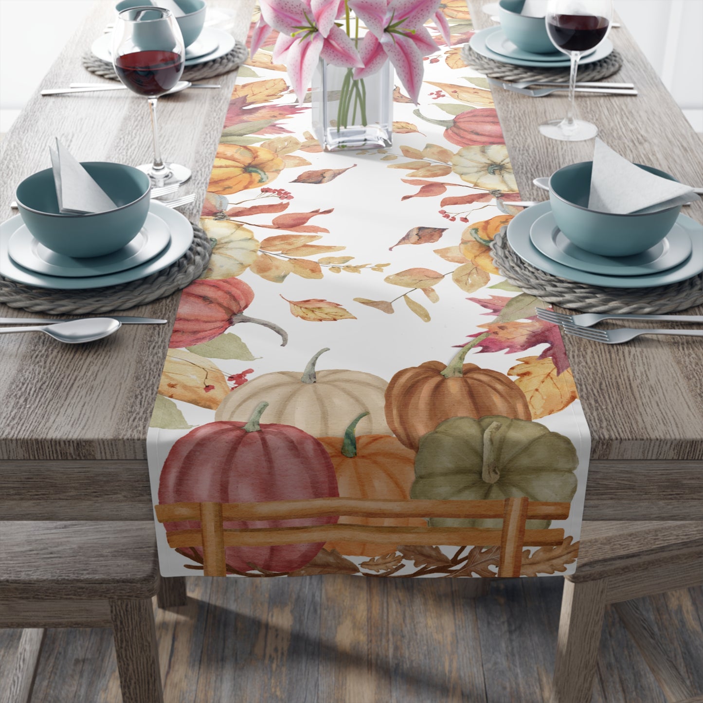 Pumpkins Table Runner - 16" x 72" or 16" x 90" Sizes, Fall Decor Table Runner, Thanksgiving Table Runner, Halloween Table Runner, Fall Home Decor - Cotton Twill or Polyester material choices