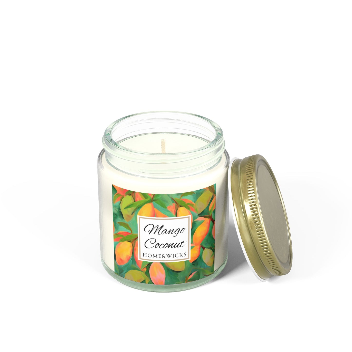 Mango Coconut Scented Coconut Apricot Wax Candle, 4 oz. Clear Jar with Gold Lid - Fruity Candle, Gift for Her, Tropical Candle