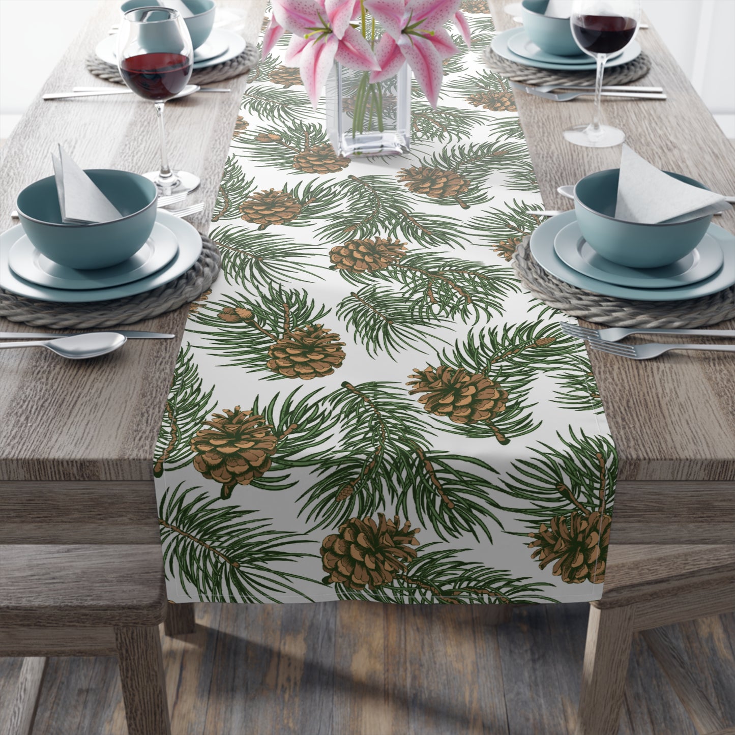 Needles & Cones Table Runner - 16" x 72" or 16" x 90" Size Options - Christmas Table Runner, Winter Table Decor, Holiday Table Runner - Cotton Twill or Polyester choices