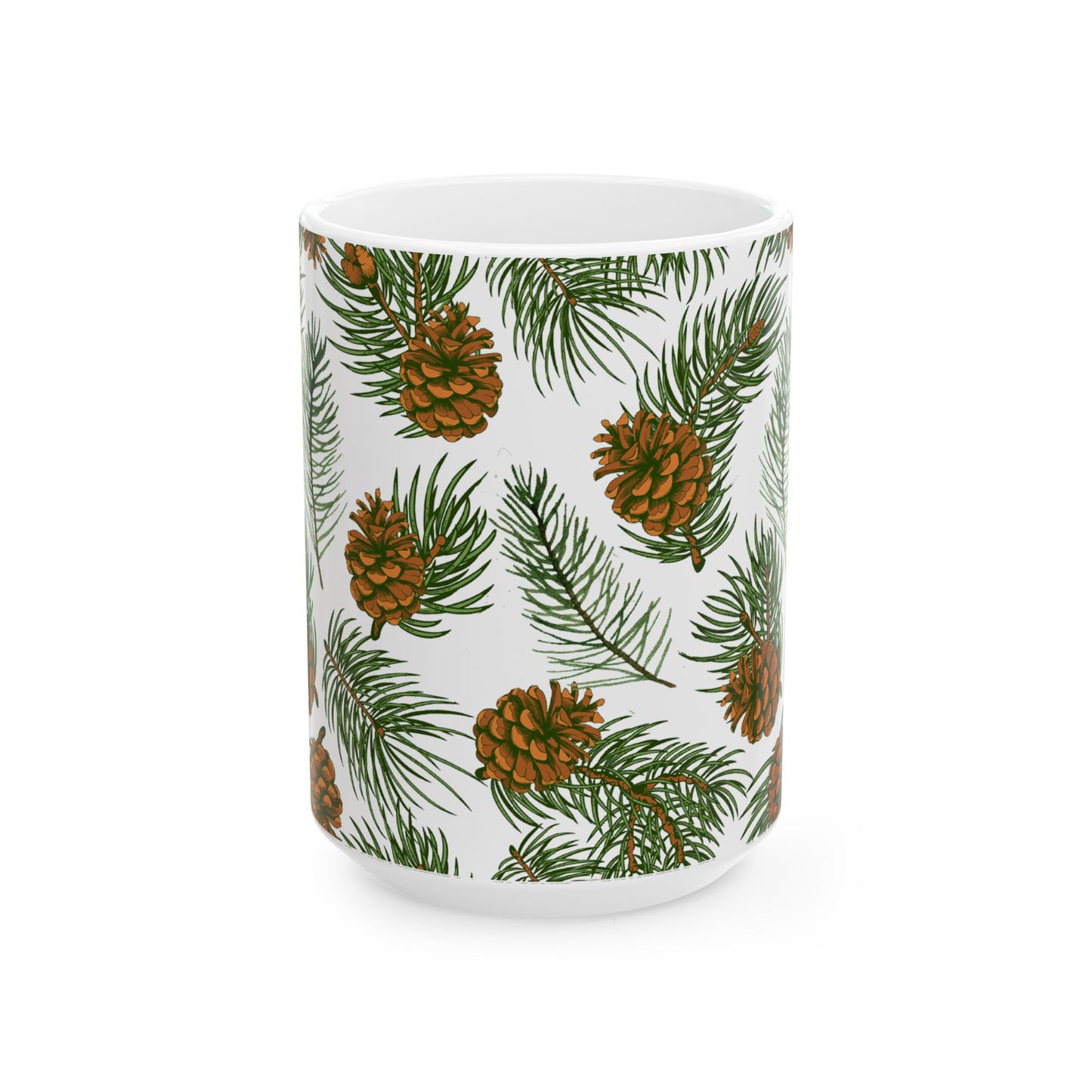 Needles & Cones Ceramic Mug - 11 oz. & 15 oz. options, Christmas Coffee Cup, Holiday Gift, Christmas Mug