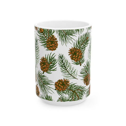 Needles & Cones Ceramic Mug - 11 oz. & 15 oz. options, Christmas Coffee Cup, Holiday Gift, Christmas Mug