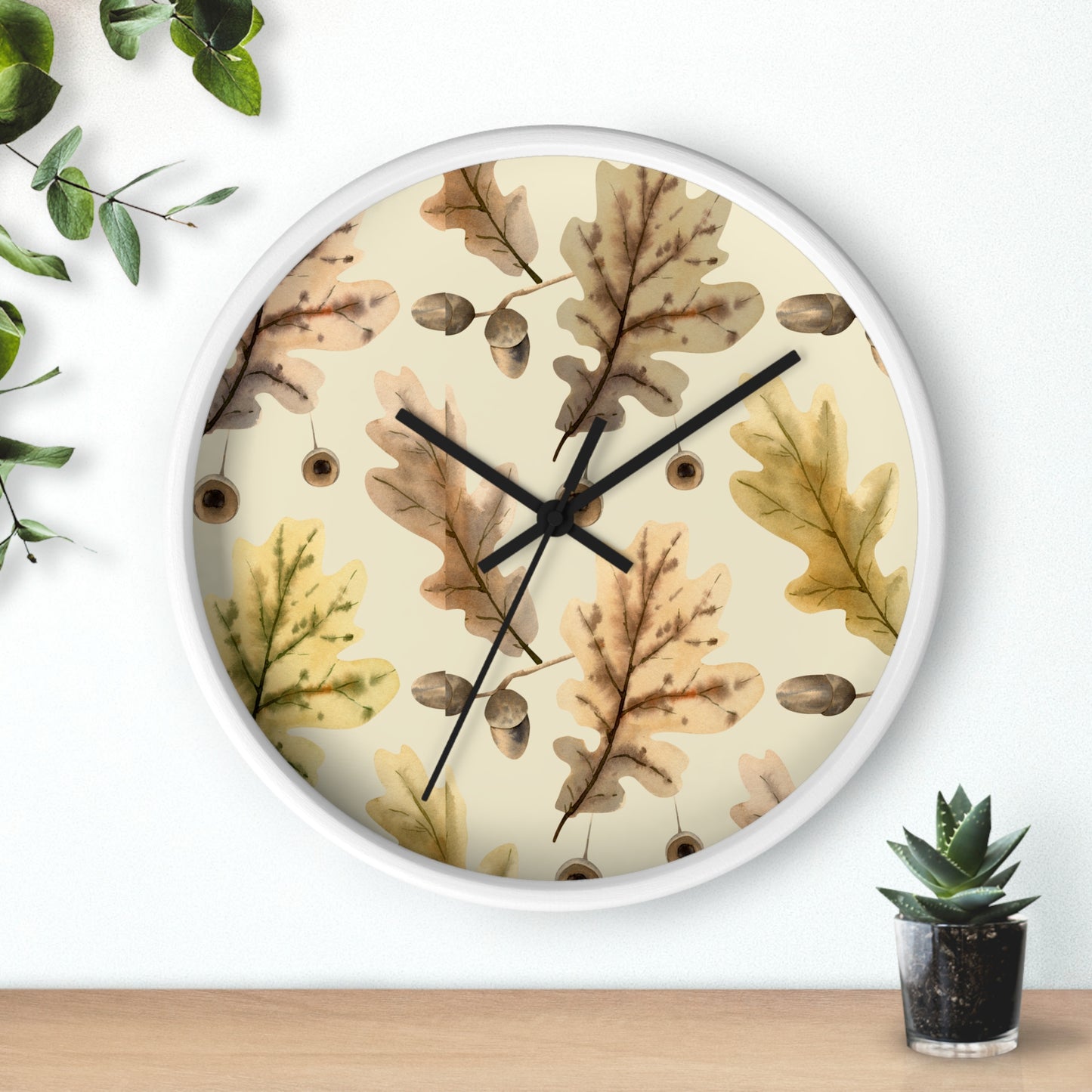 Oak Leaves Wall Clock - Select from Black, White or Natural Wood Color