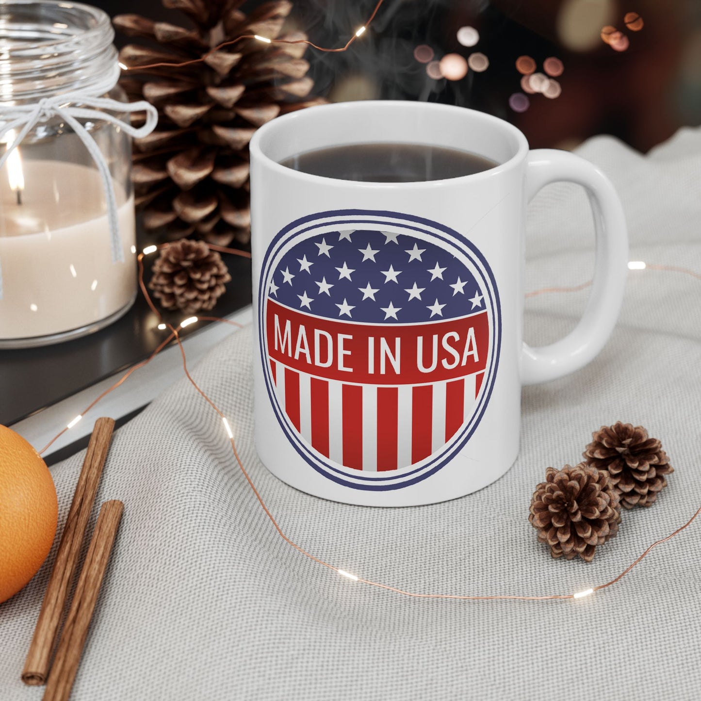 Made in USA Mug - 11 oz. & 15 oz. size options - Patriotic Ceramic Mug, Independence Day Gift, American Flag Coffee Cup, USA Drinkware