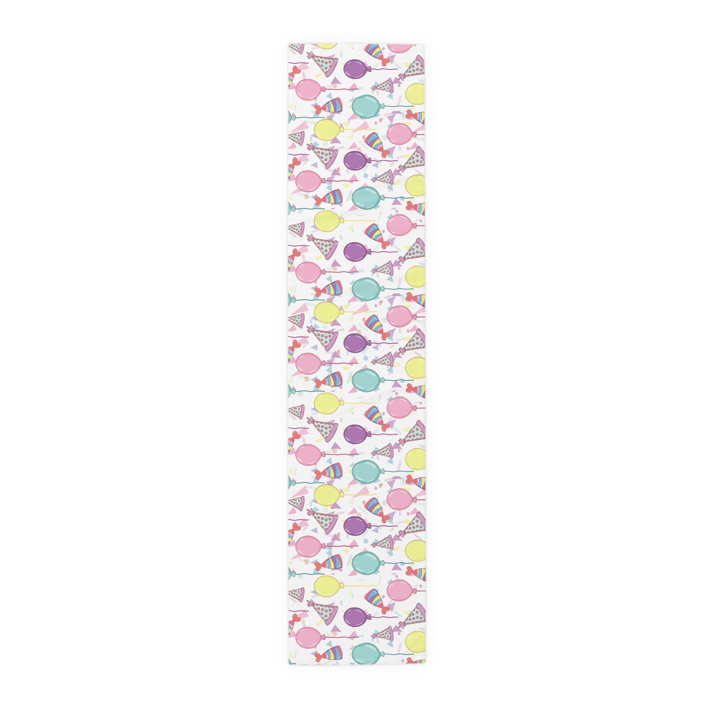 Table runner with birthday hats, confetti and purple, yellow, blue and pink balloons on a white background