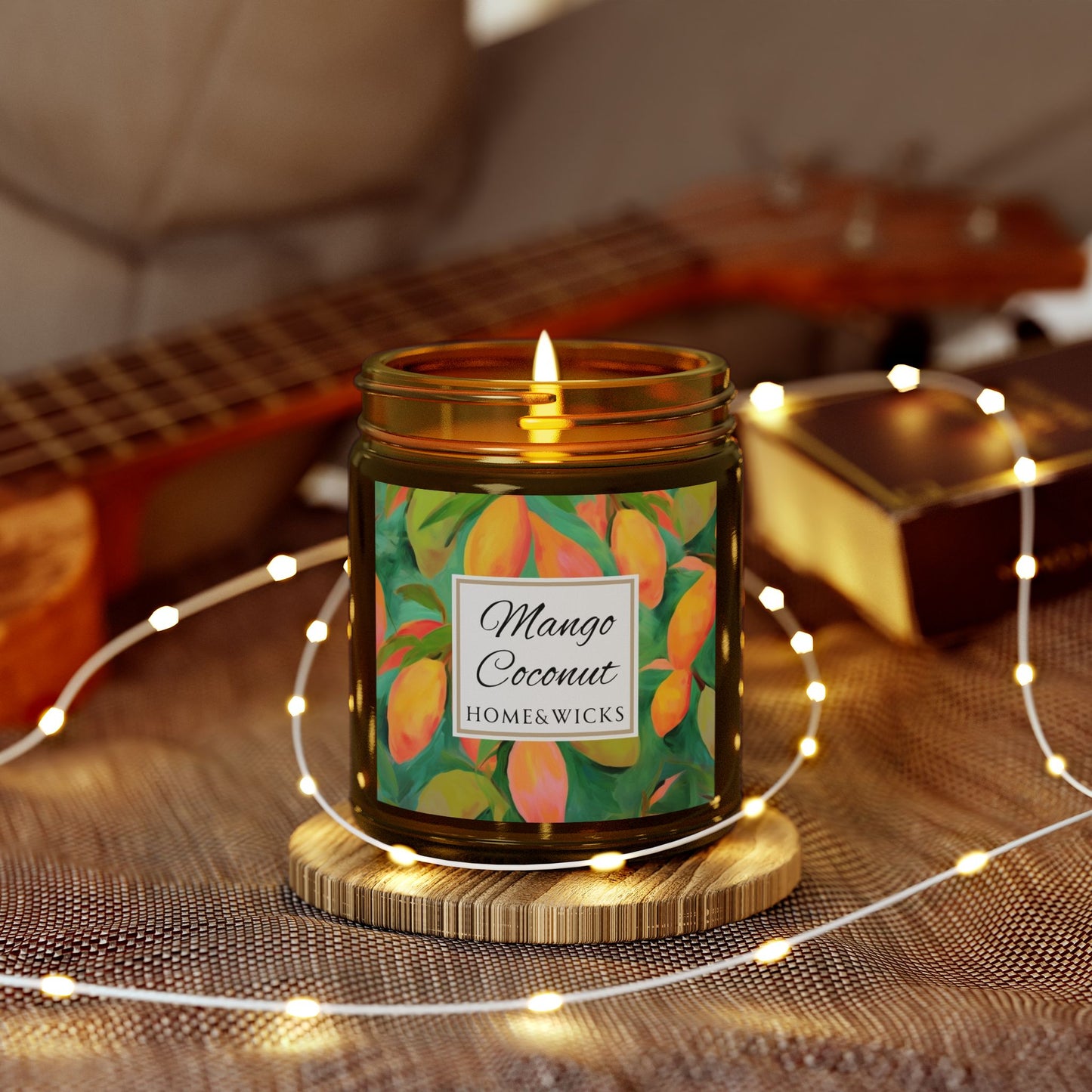 Mango Coconut Coconut Apricot Wax Candle, 9 oz. Amber Jar with Gold Lid - Fruity Candle, Gift for Her, Tropical Candle