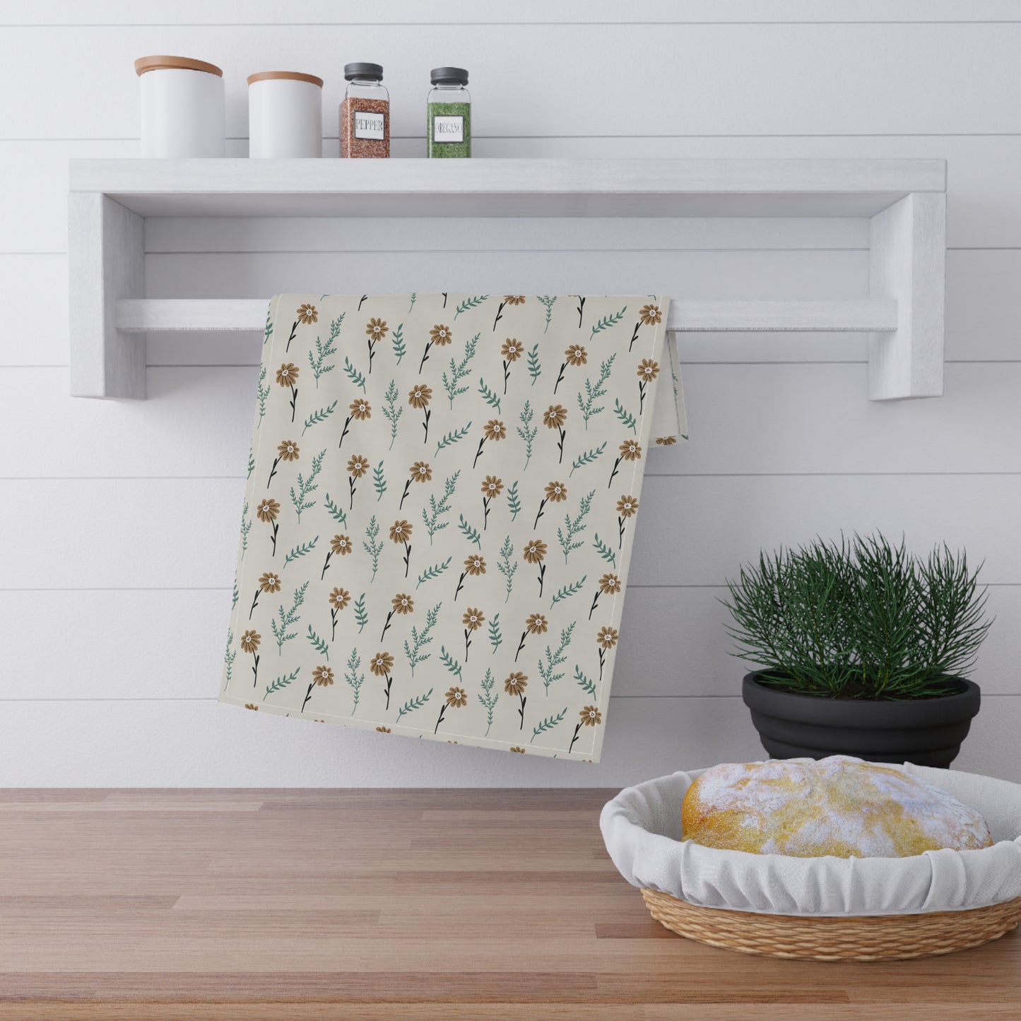 Chamomile Brown Tea Towels - 18" x 30", 100% Cotton - Brown Gray Kitchen Towels, Cotton Kitchen Towels, Floral Tea Towels, Gift for Housewarming, Farmhouse Style - Priced per towel