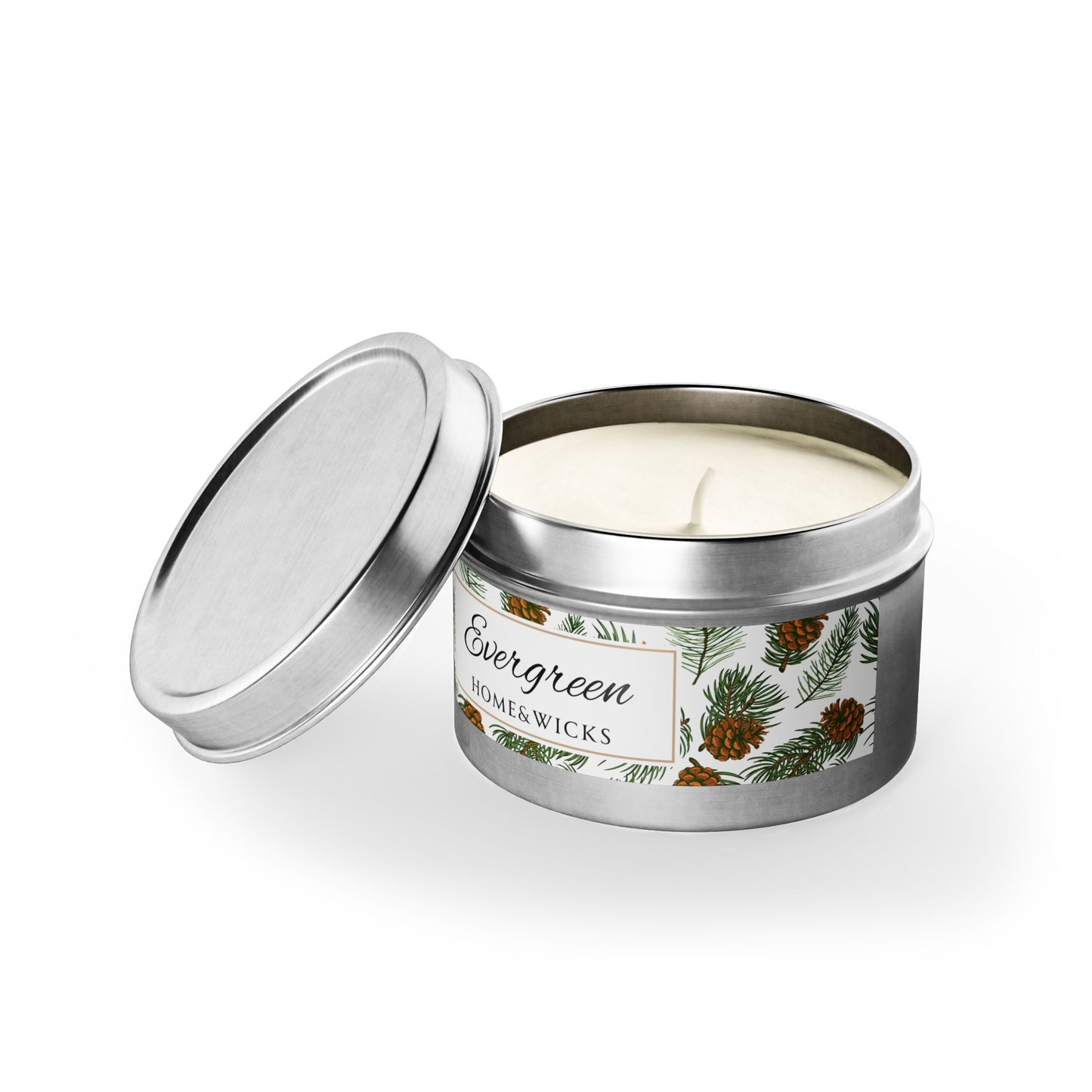 Evergreen Scented Coconut Soy Wax Candle, 4 oz. Silver Tin Jar with Lid - Winter Home Decor, Seasonal Candle for Holiday Celebrations, Christmas Candle