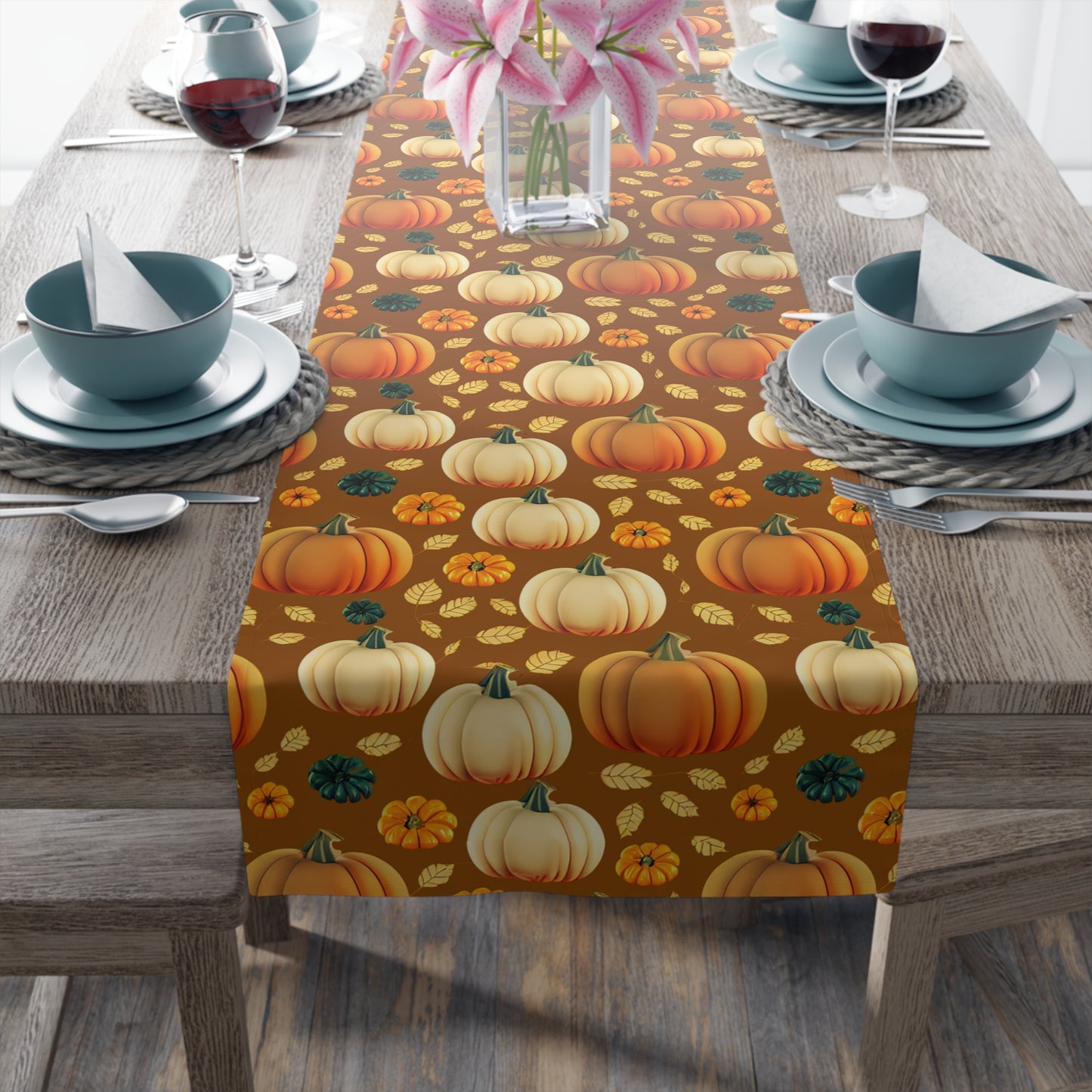 Fall Pumpkin Table Runner - 16" x 72" or 16" x 90" Size Options - Thanksgiving / Fall Table Runner, Pumpkin Thanksgiving Design Table Setting, Halloween Fall Decor - Cotton Twill or Polyester choices