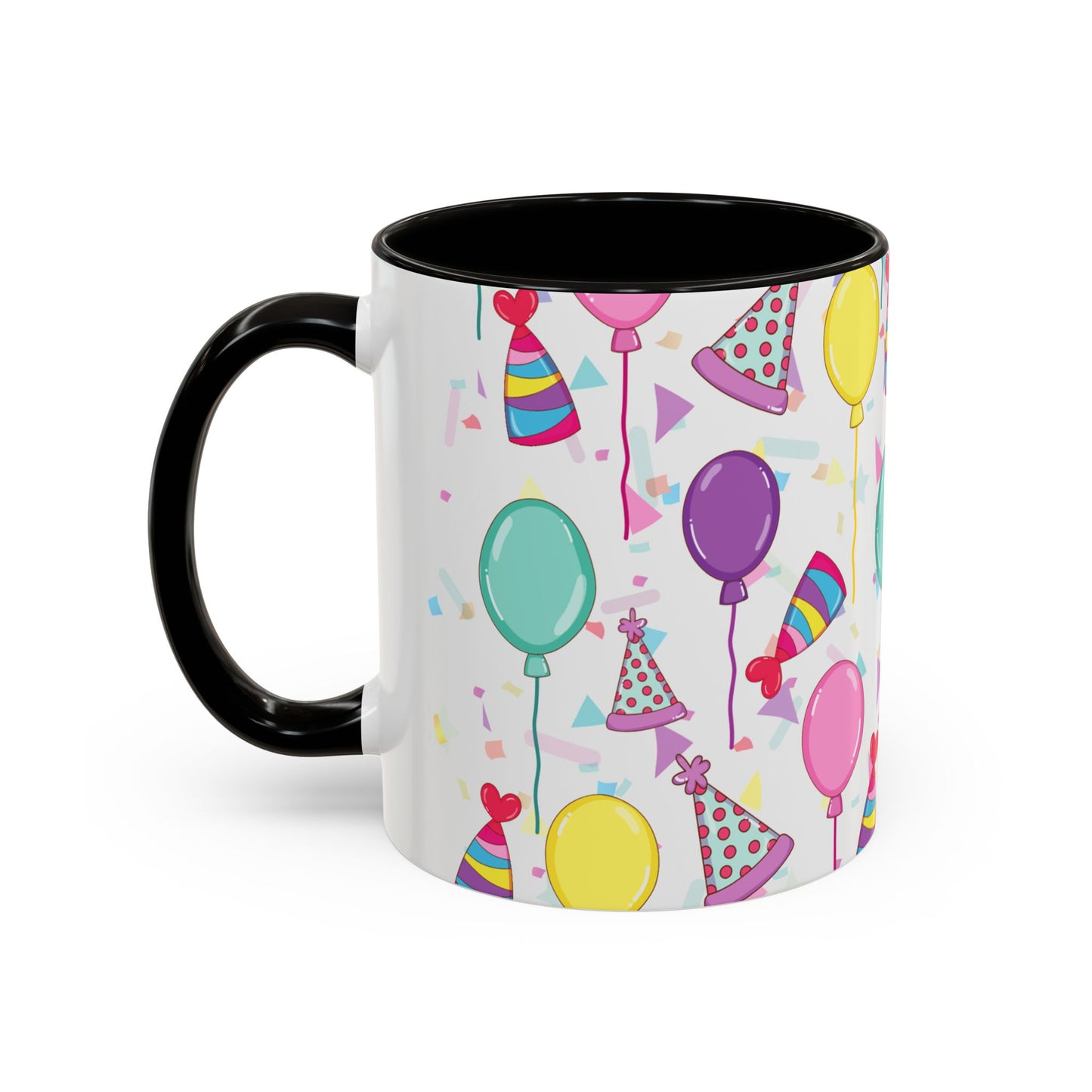 Happy Birthday mug with black accent color with birthday hats, confetti and balloons pattern on a white background