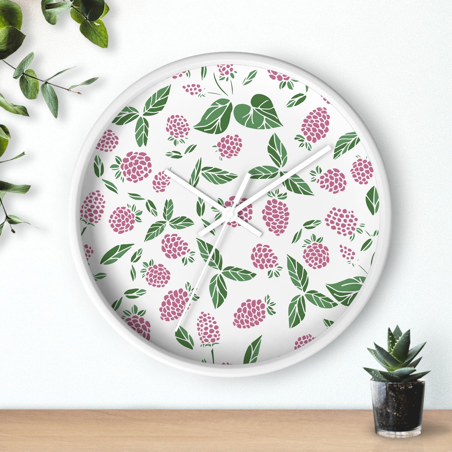 Pink Berry Wall Clock - Select from Black, White or Natural Wood Color