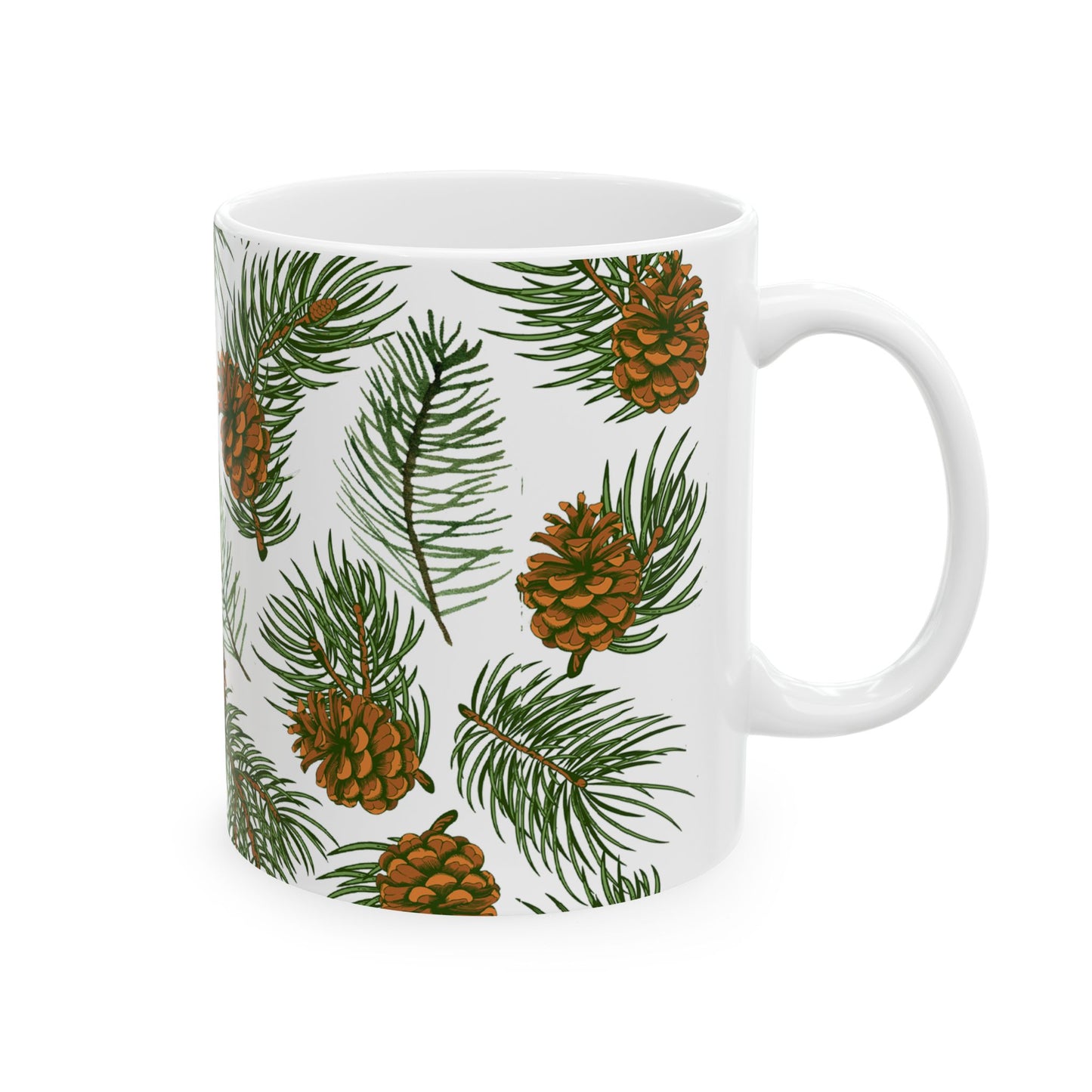 Needles & Cones Ceramic Mug - 11 oz. & 15 oz. options, Christmas Coffee Cup, Holiday Gift, Christmas Mug