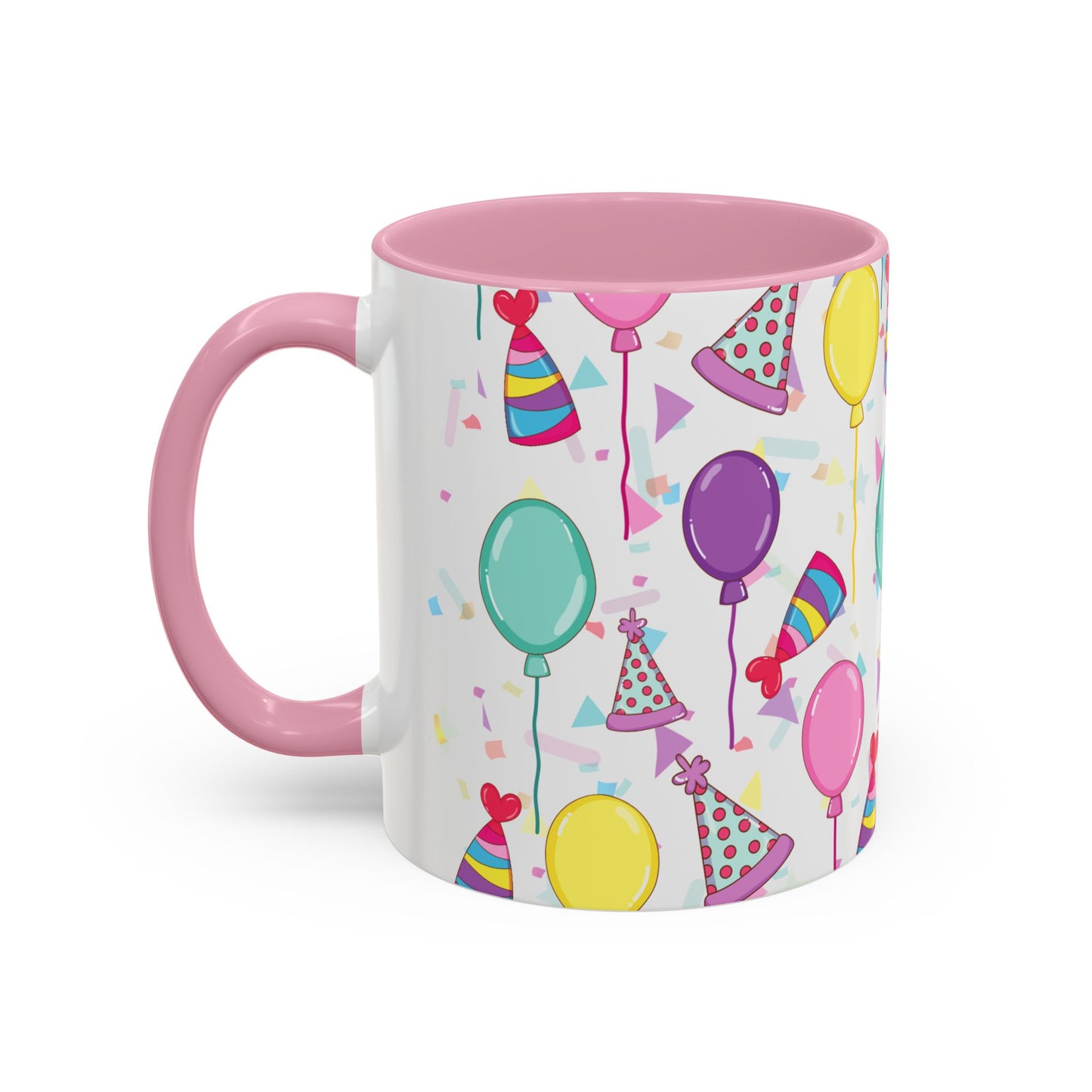 Happy Birthday mug with pink accent color with birthday hats, confetti and balloons pattern on a white background