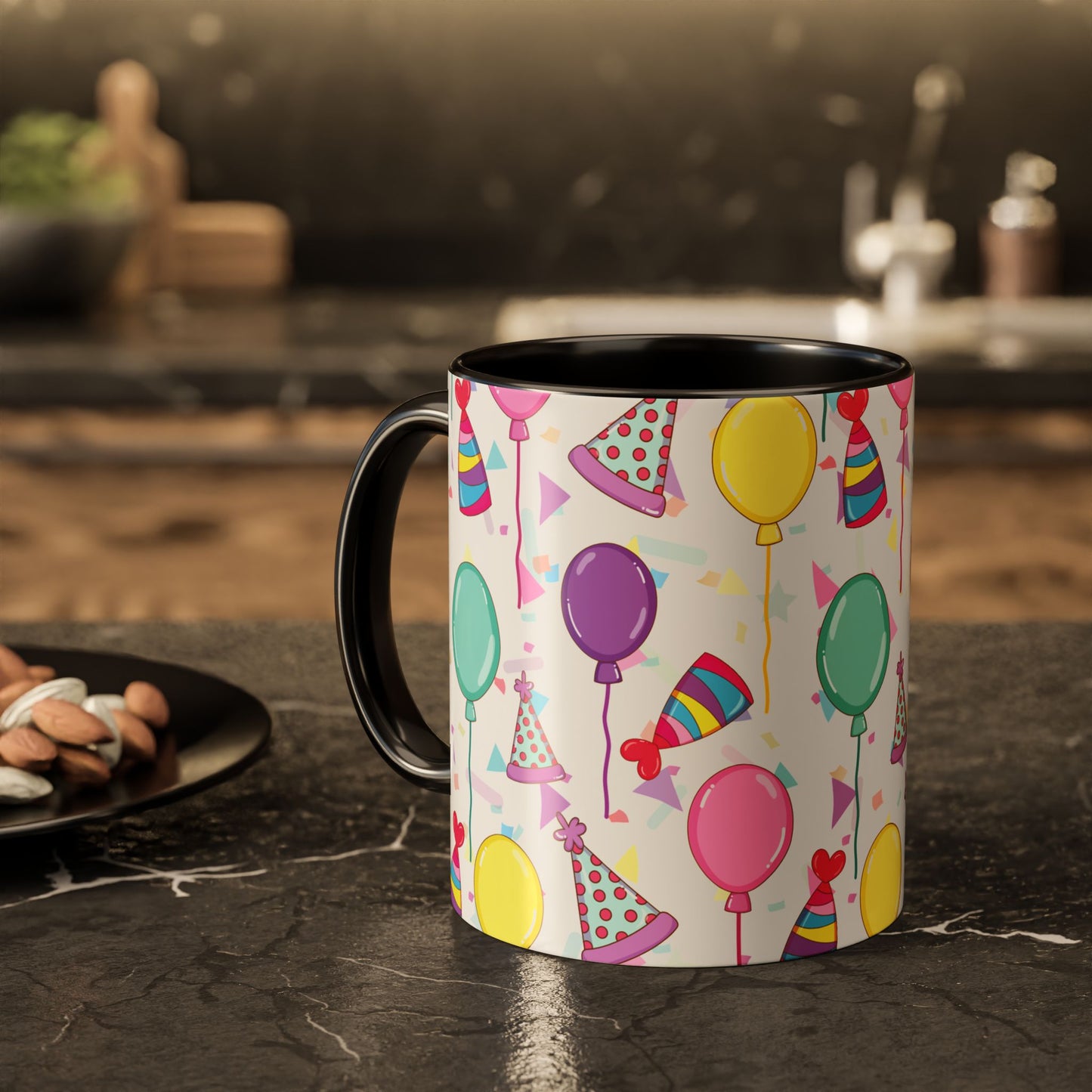 Happy Birthday mug with black accent color with birthday hats, confetti and balloons pattern on a white background on a dark table