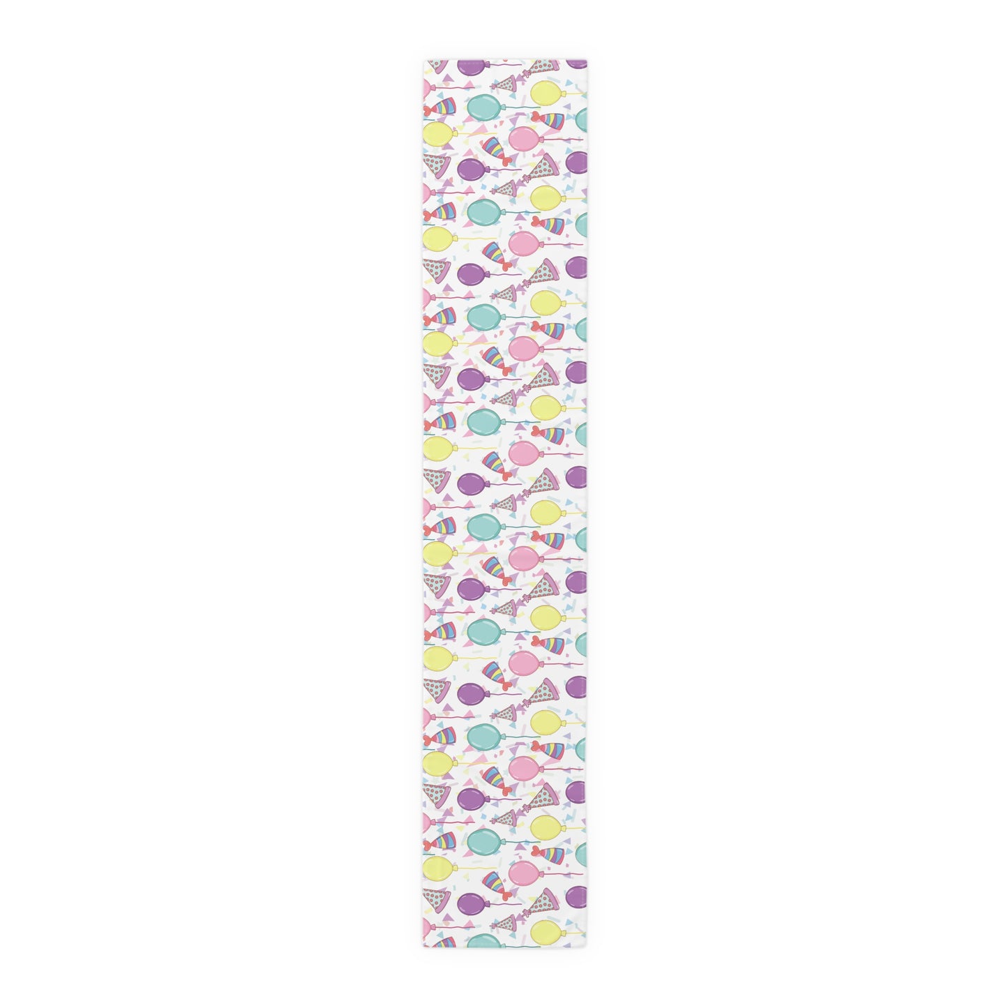 Table runner with birthday hats, confetti and purple, yellow, blue and pink balloons on a white background