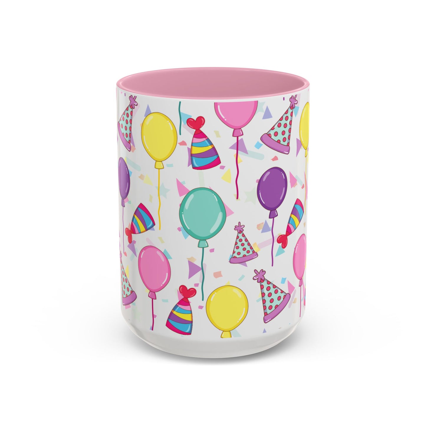 Happy Birthday mug with pink accent color with birthday hats, confetti and balloons pattern on a white background