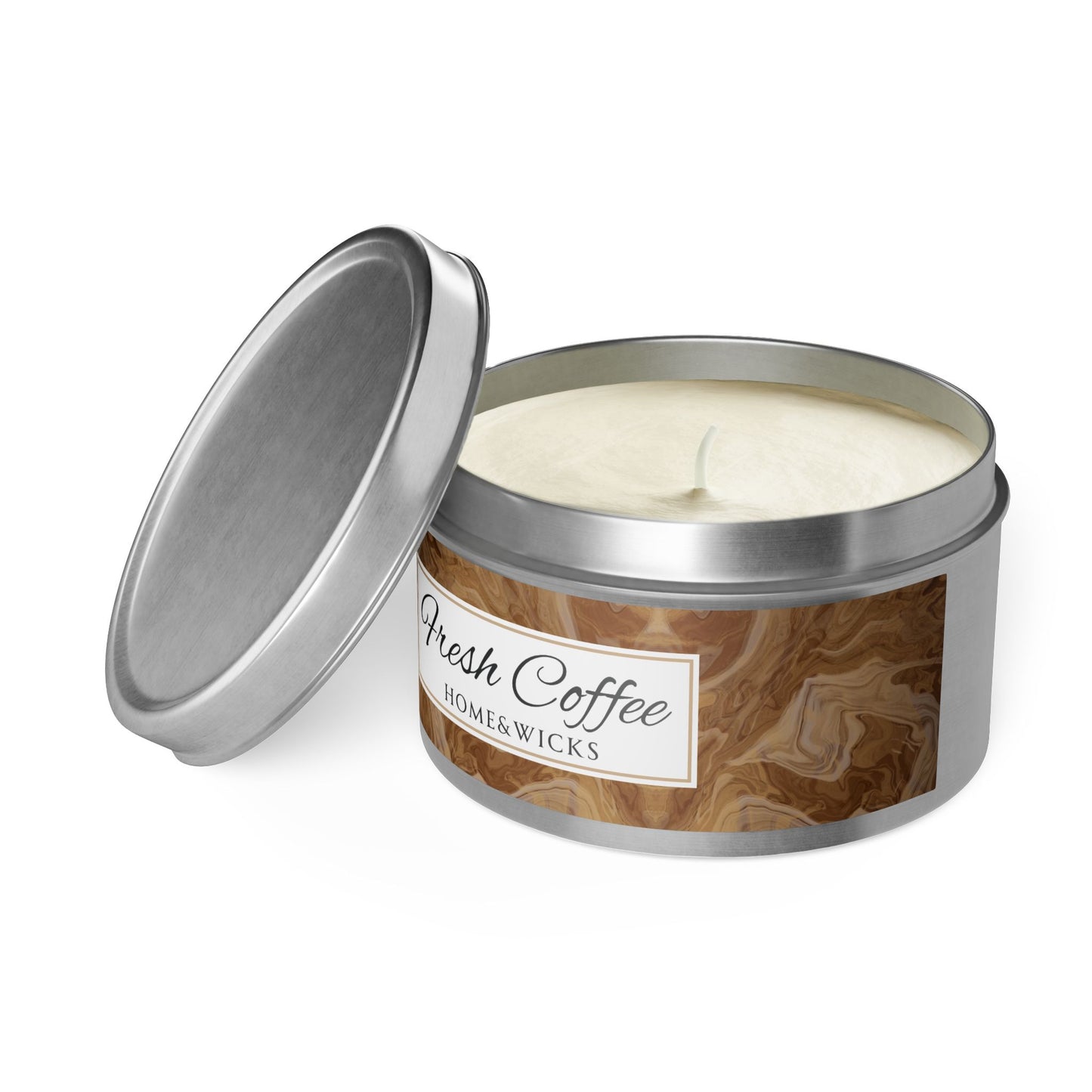 Fresh Coffee Scented Coconut Soy Wax Candle, 8oz. Silver Tin Jar with Lid - Cozy Home Decor, Garamond, Aromatherapy Gift, Relaxing Coffee Candle