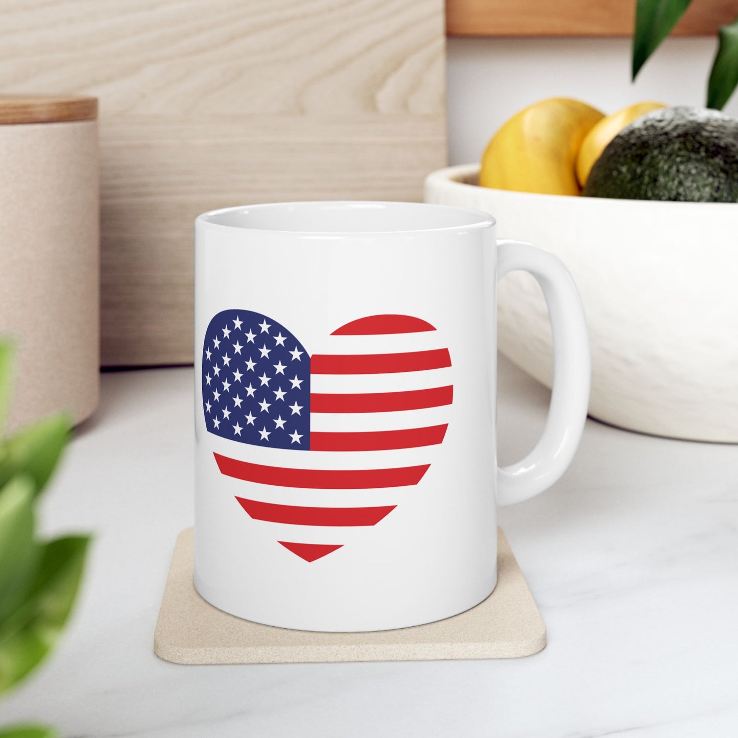 American Flag Heart Mug - 11 oz. & 15 oz. size options - Patriotic Heart Ceramic Mug, Independence Day Gift, Patriotic Coffee Cup, Love USA Drinkware