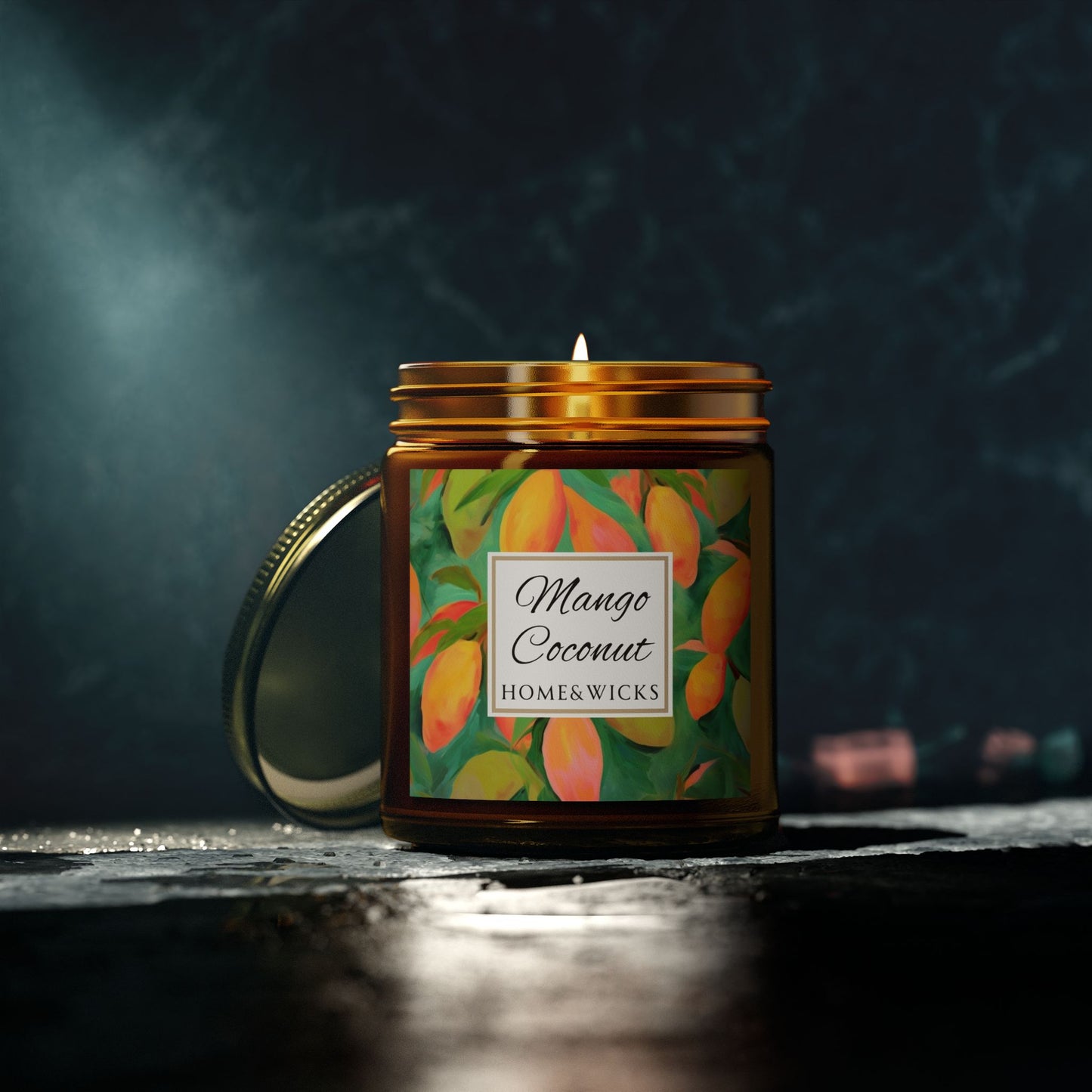 Mango Coconut Coconut Apricot Wax Candle, 9 oz. Amber Jar with Gold Lid - Fruity Candle, Gift for Her, Tropical Candle