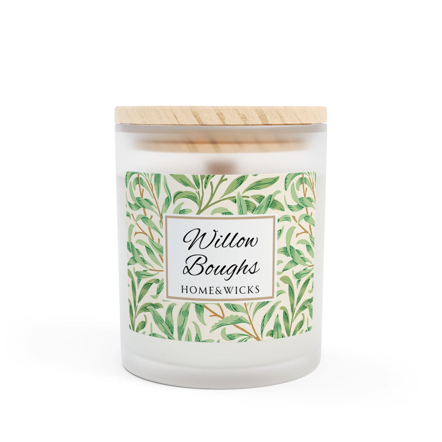 Willow Boughs Scented Coconut Soy Blended Wax Candle, 11 oz. Frosted Jar with Wood Wick and Maple Wood Lid - Morris Home Decor, Willow Branch Design, Spa Day Candle, Unique Gift Idea