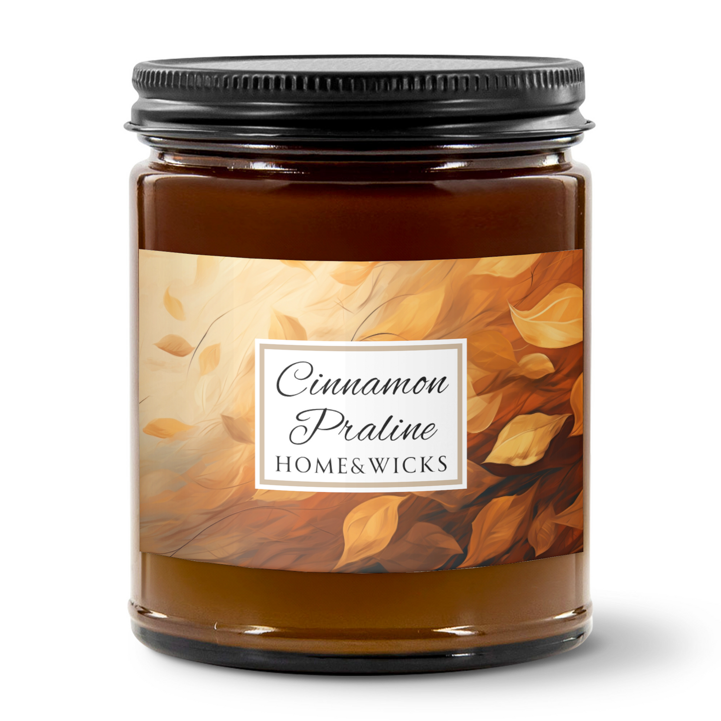Cinnamon Praline Scented Soy Wax Candle, 9 oz. Amber Jar with Black Lid - Cozy Home Décor, Fall Scented Candle, Gourmand Candle, Thanksgiving Decor, Christmas Gifts