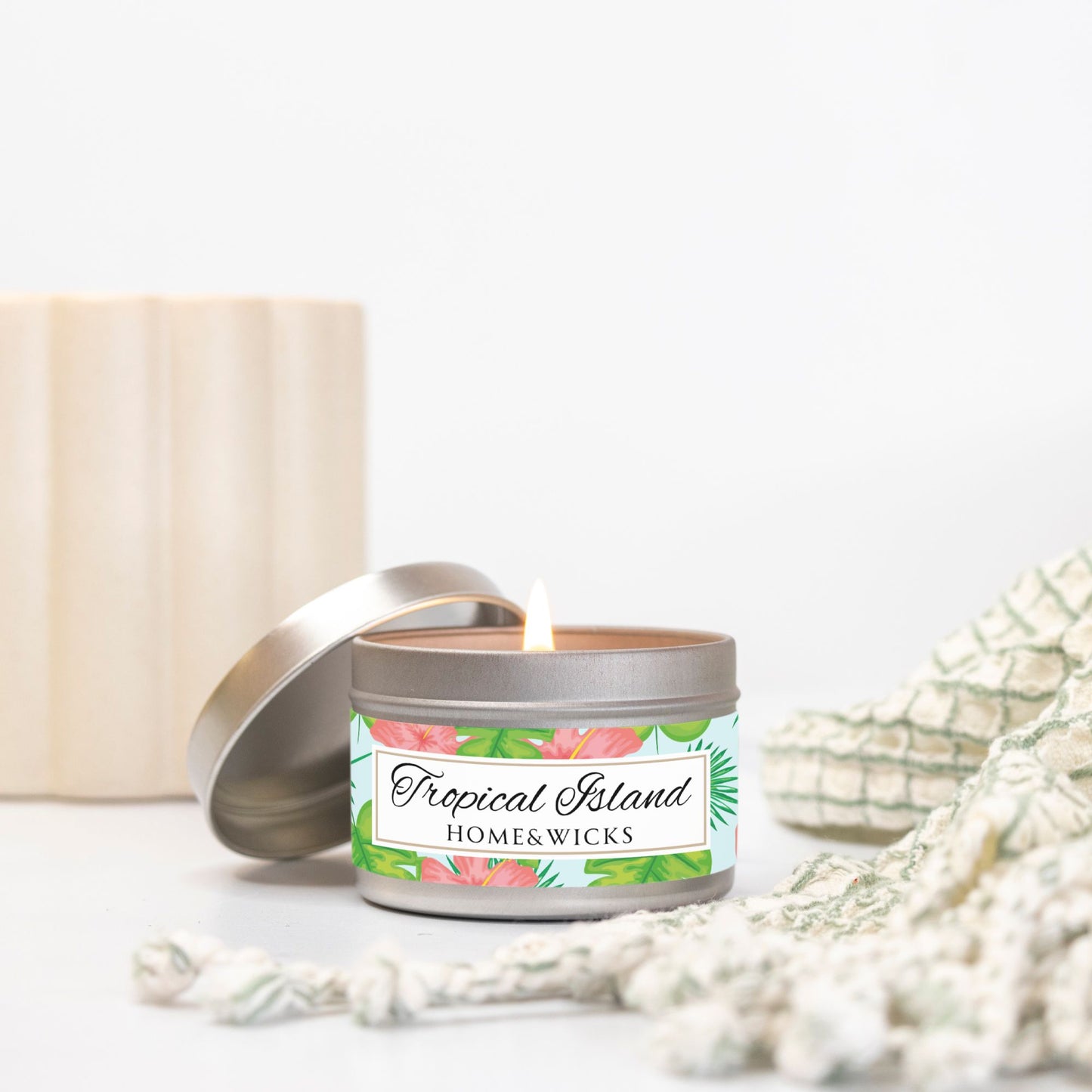 Tropical Island Coconut Soy Wax Candle, 4 oz. Silver Tin Jar with Lid - Tropical Candle, Fruit Scented Candle, Tropical Decor