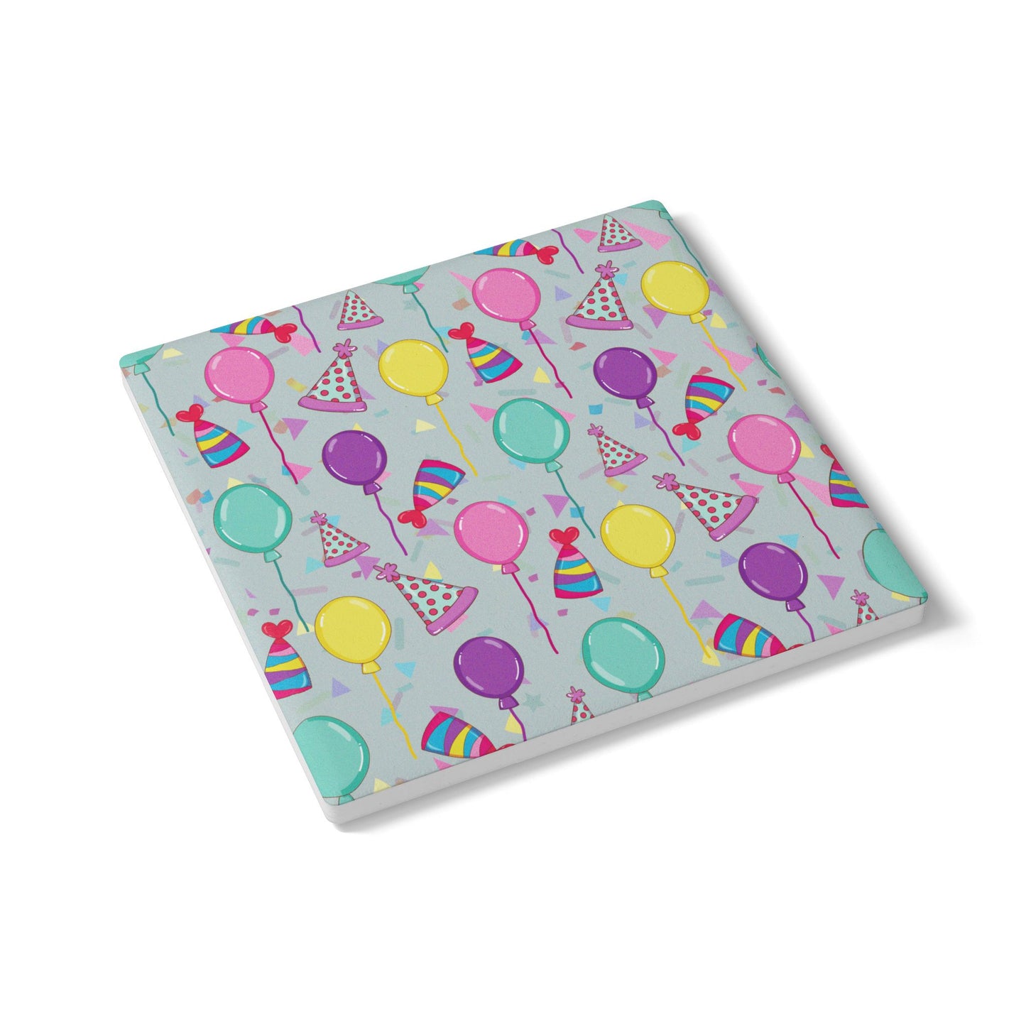 Happy Birthday square ceramic tile coaster with with birthday hats, confetti and balloons pattern with a blue-green light cyan background on white background