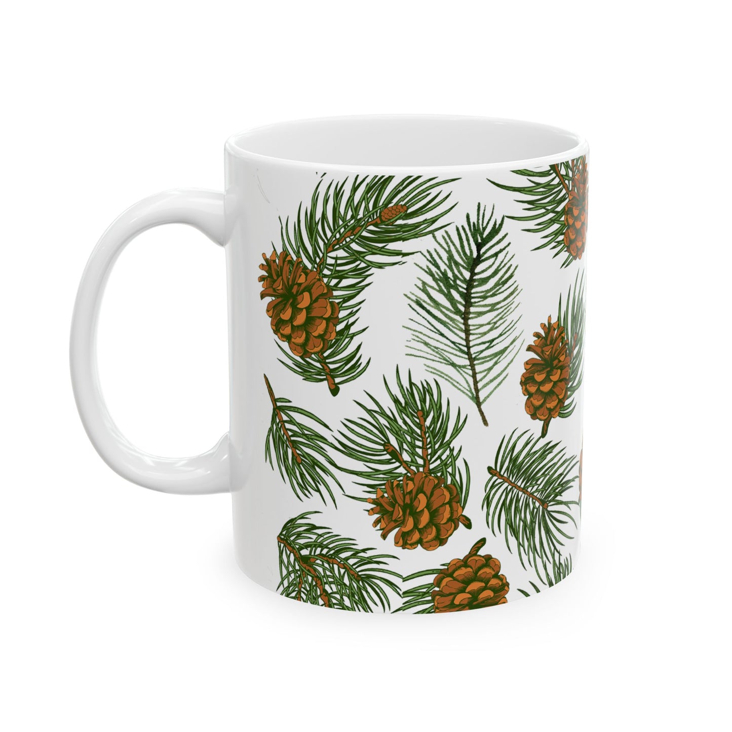 Needles & Cones Ceramic Mug - 11 oz. & 15 oz. options, Christmas Coffee Cup, Holiday Gift, Christmas Mug