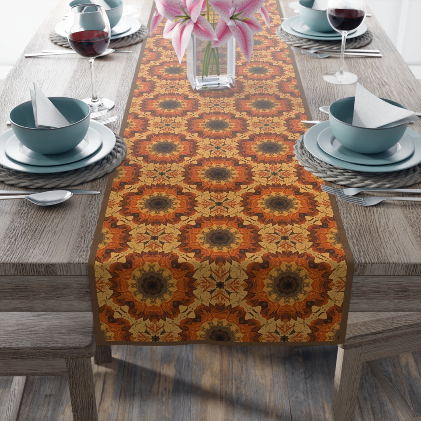 Groovy Fall Flowers Table Runner - 16" x 72" or 16" x 90" Sizes, Fall Table Home Decor, Retro Home Decor, Thanksgiving Table Runner, Fall Table Runner, Cotton Twill or Polyester material choices