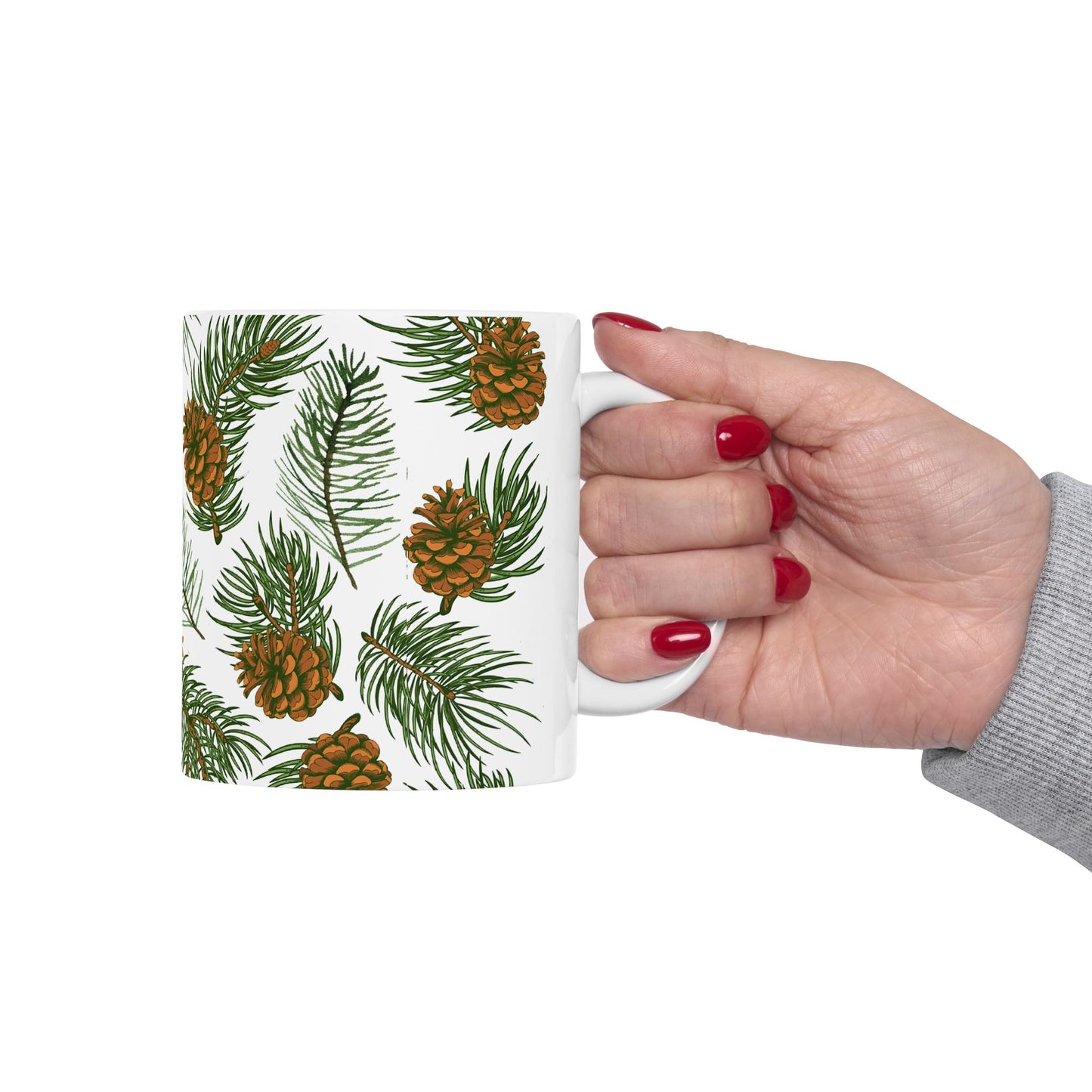 Needles & Cones Ceramic Mug - 11 oz. & 15 oz. options, Christmas Coffee Cup, Holiday Gift, Christmas Mug