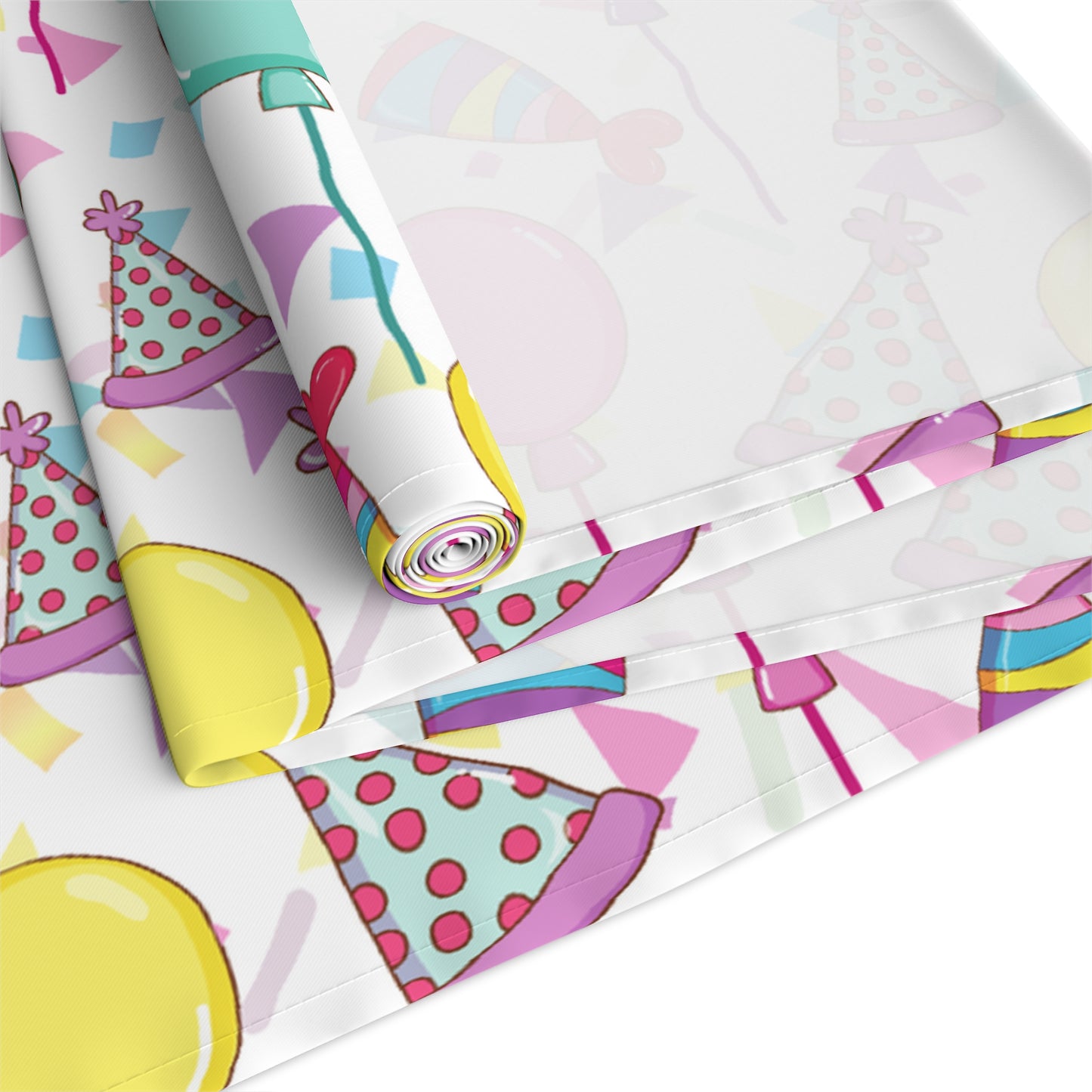 Back view table runner with birthday hats, confetti and purple, yellow, blue and pink balloons on a white background