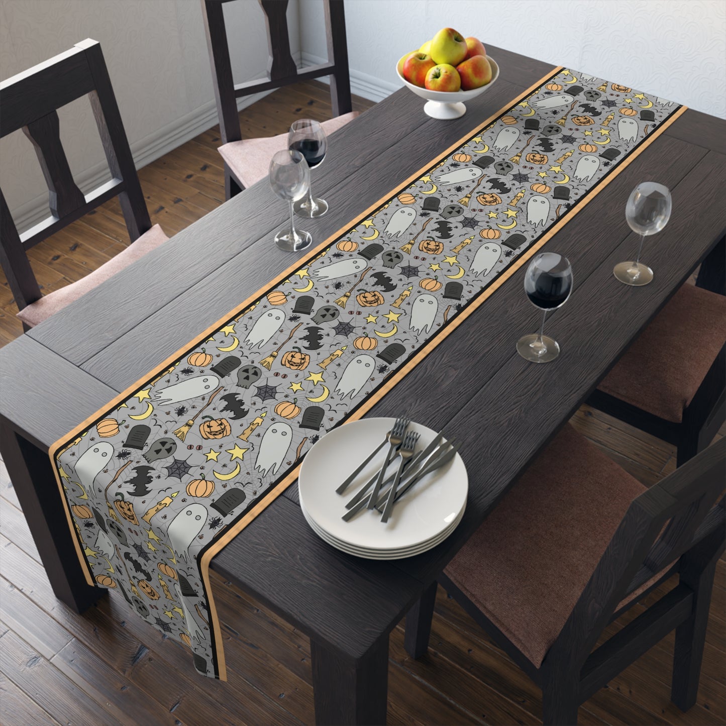 Halloween Fun Table Runner - 16" x 72" or 16" x 90" Size Options - Halloween Table Runner, Halloween Design Table Setting, Halloween Party Decor - Cotton Twill or Polyester choices