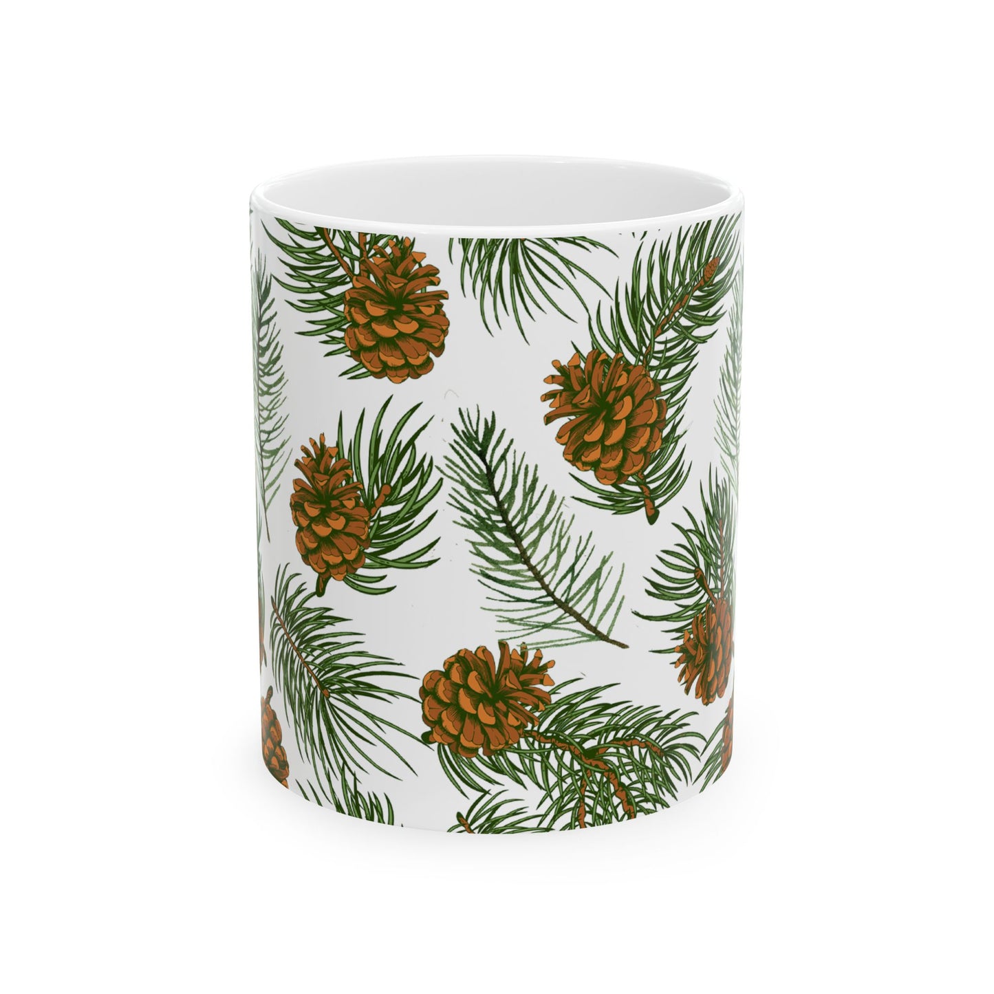 Needles & Cones Ceramic Mug - 11 oz. & 15 oz. options, Christmas Coffee Cup, Holiday Gift, Christmas Mug