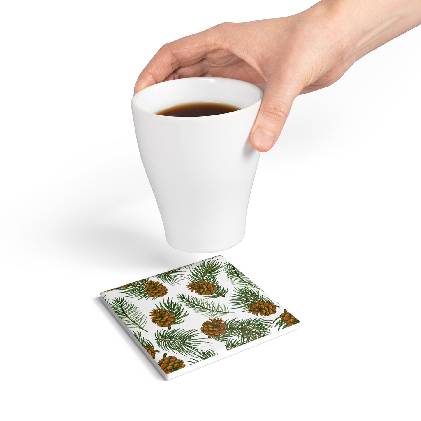 Needles & Cones - Ceramic Tile Coaster, Cork Backed - Round or Square Size Choices, Perfect for Home Decor & Gifts - Priced per coaster