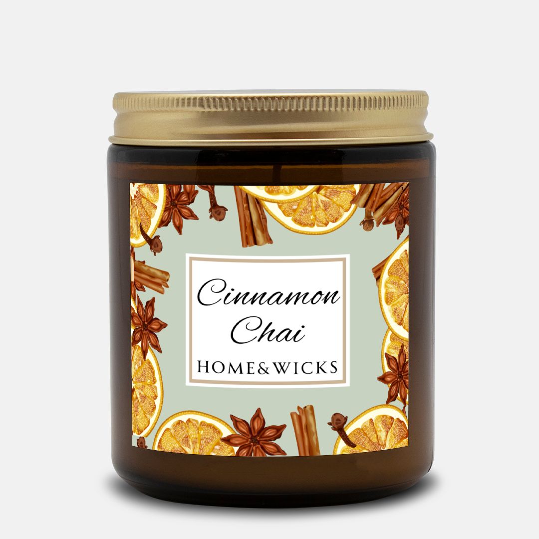 Cinnamon Chai Coconut Apricot Wax Candle, 9 oz. Amber Jar with Gold Lid, Cotton Wick- Cozy Aromatherapy, Spicy Scented Candle, Fall, Winter Candle