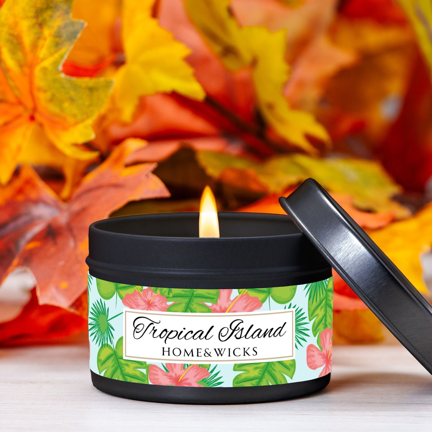 Tropical Island Coconut Soy Wax Candle, 4 oz. Black Tin Jar with Lid - Tropical Candle, Fruit Scented Candle, Tropical Decor