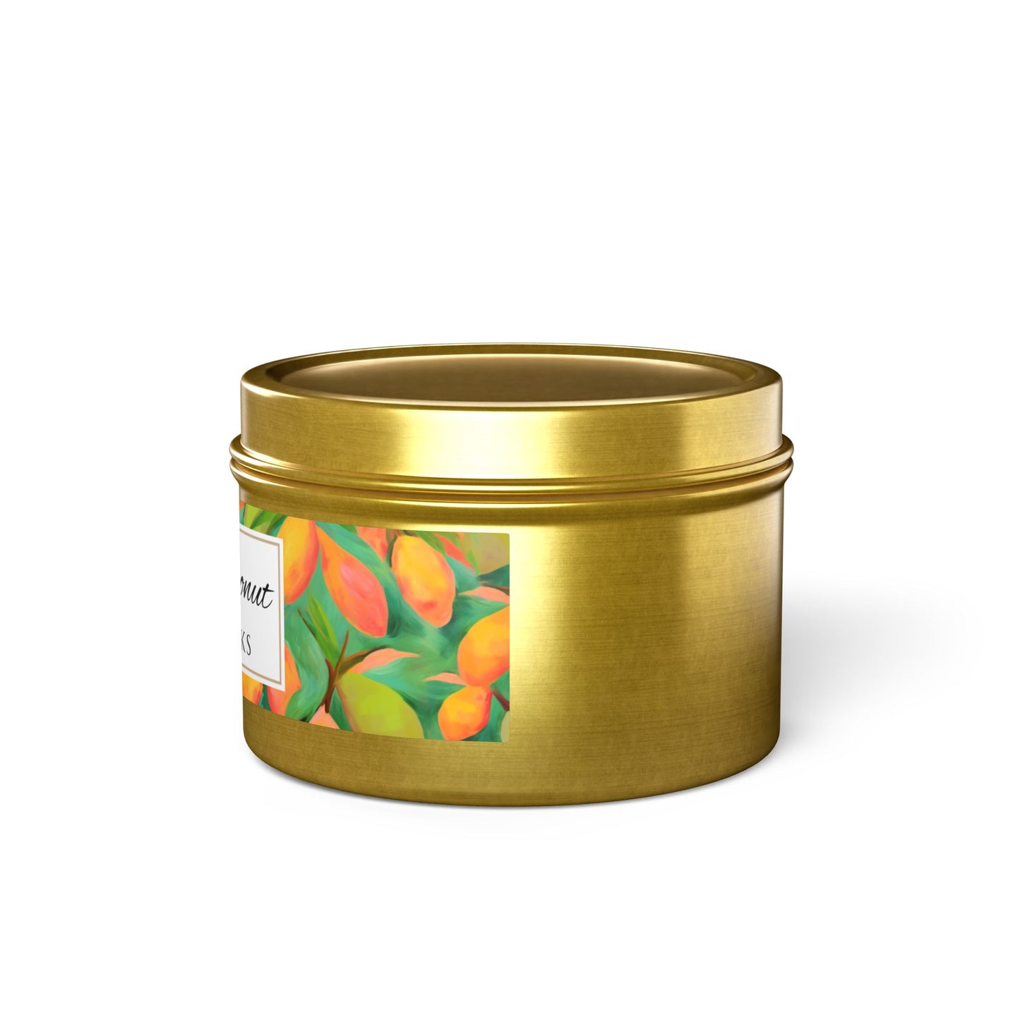 Mango Coconut Scented Coconut Apricot Wax Candle, 4 oz. Gold Tin Jar with Lid - Fruity Candle, Gift for Her, Tropical Candle, Summer Decor