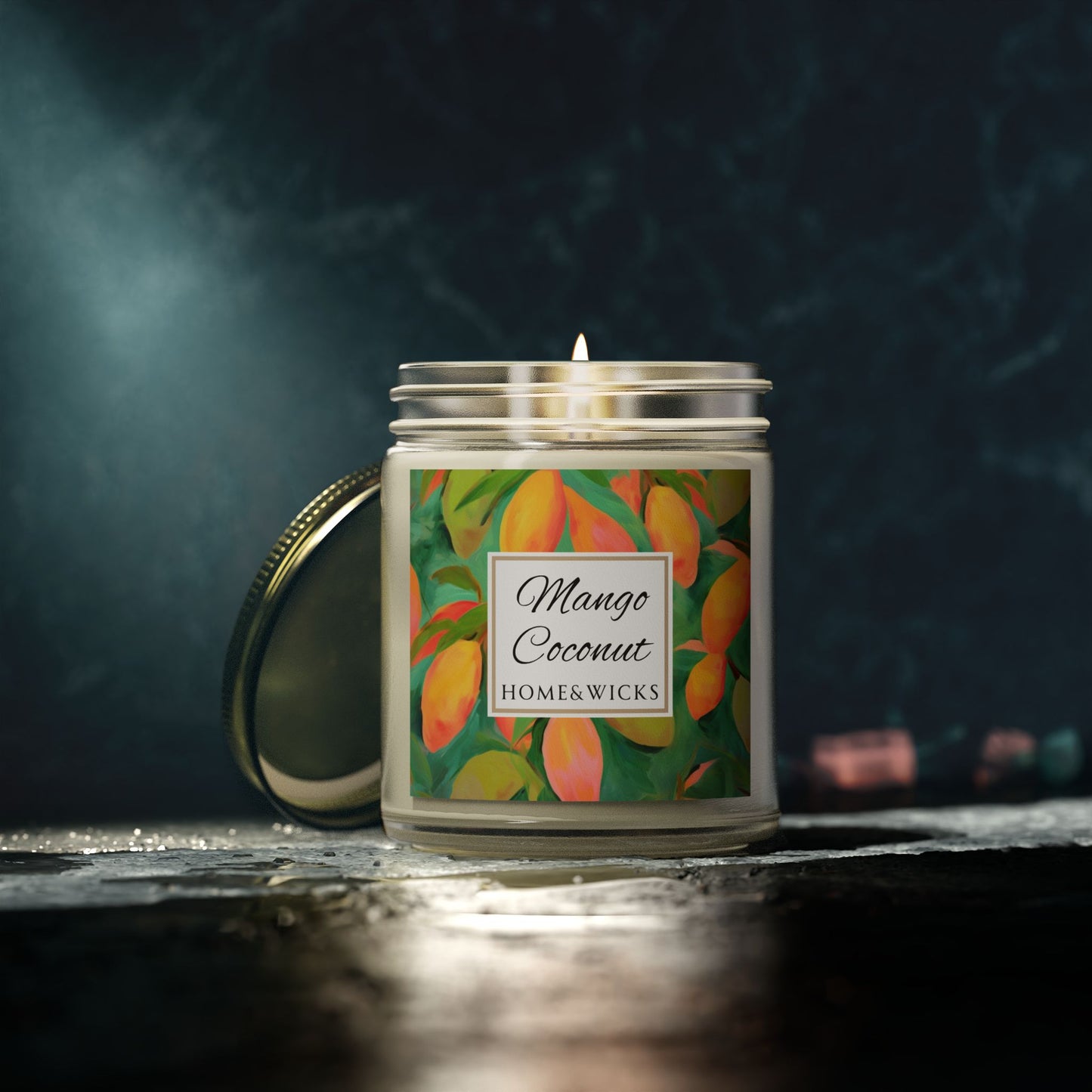 Mango Coconut Scented Coconut Apricot Wax Candle, 9 oz. Clear Jar with Gold Lid - Fruity Candle, Gift for Her, Tropical Candle