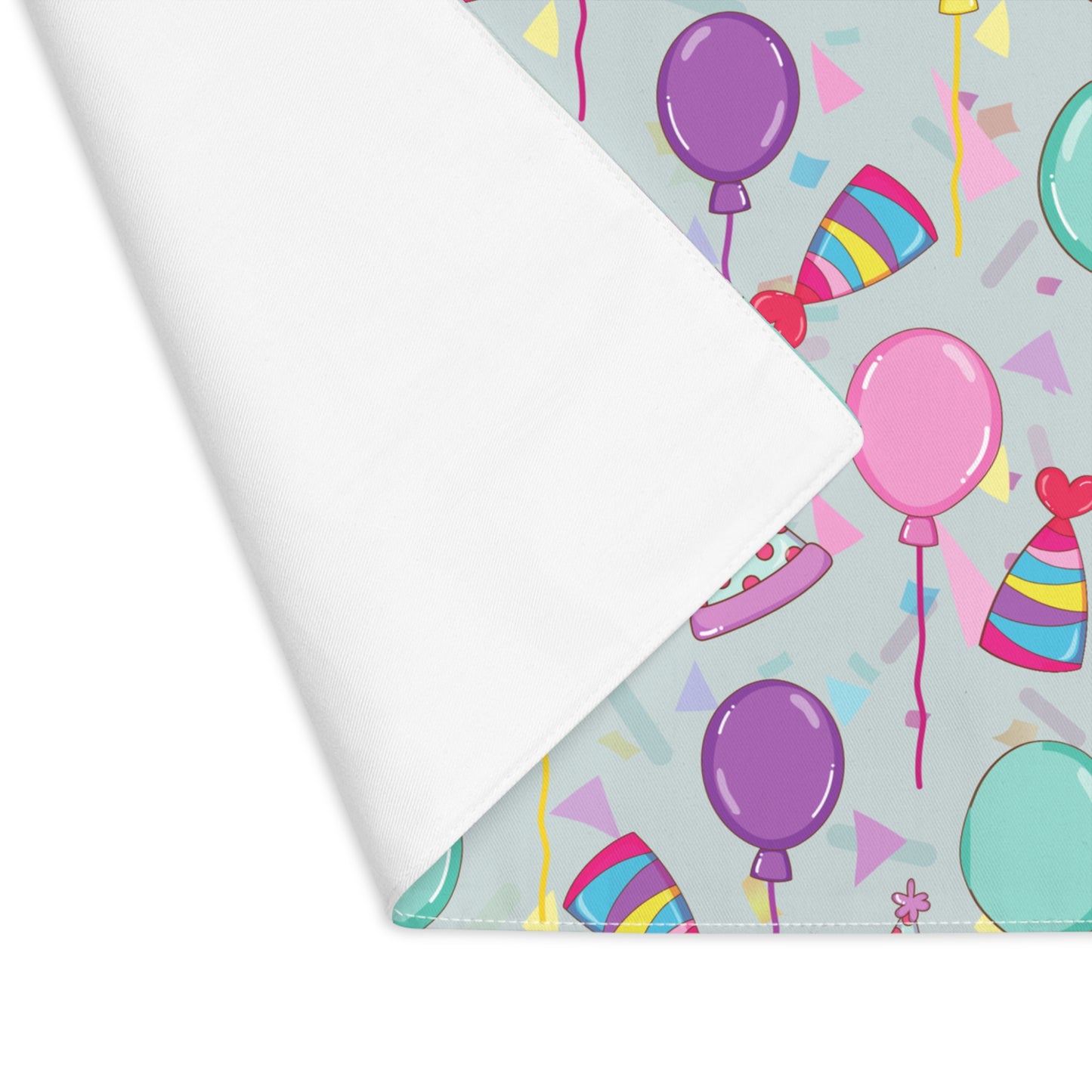 Happy Birthday placemat with with birthday hats, confetti and balloons pattern with a blue-green light cyan background on white background