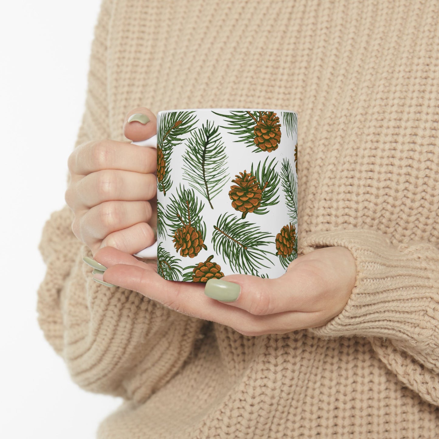 Needles & Cones Ceramic Mug - 11 oz. & 15 oz. options, Christmas Coffee Cup, Holiday Gift, Christmas Mug