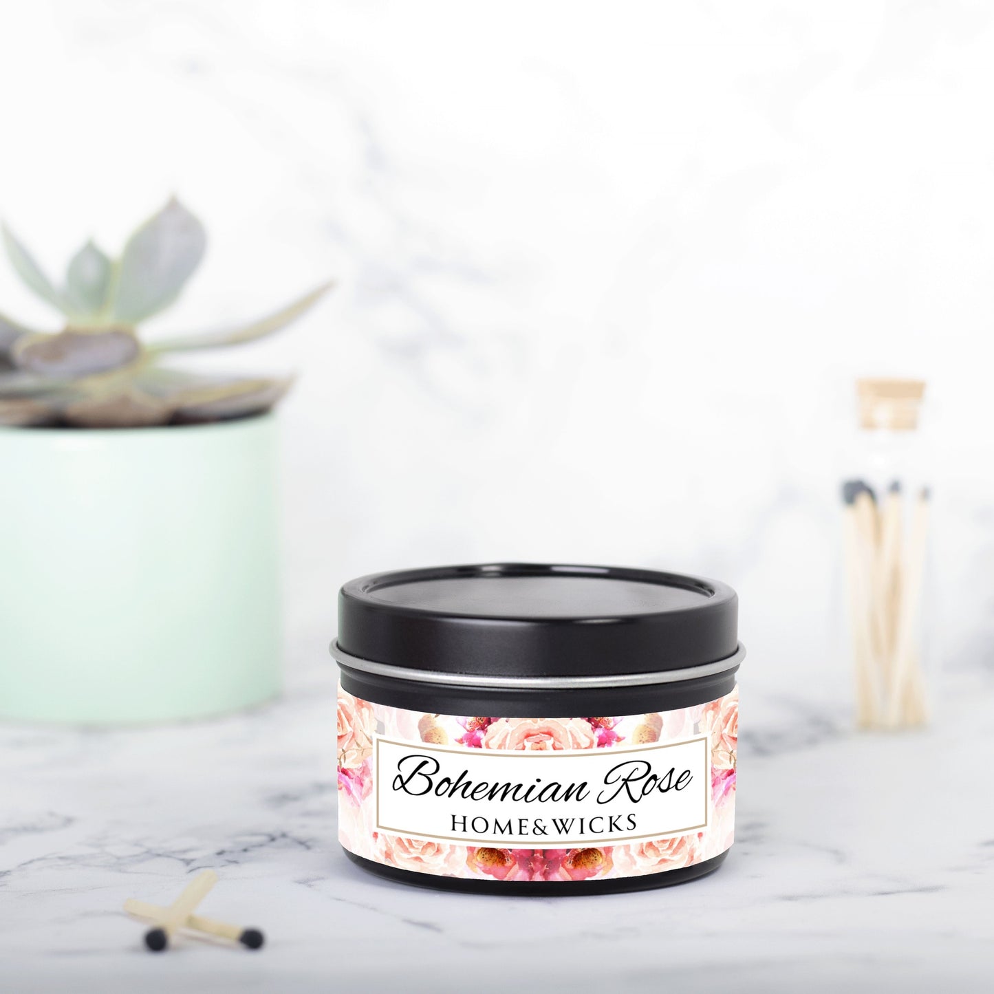 Bohemian Rose Coconut Soy Wax Candle, 4 oz. Black Tin Jar with Lid - Rose Scented Candle, Floral Candle, Valentines Day Gift