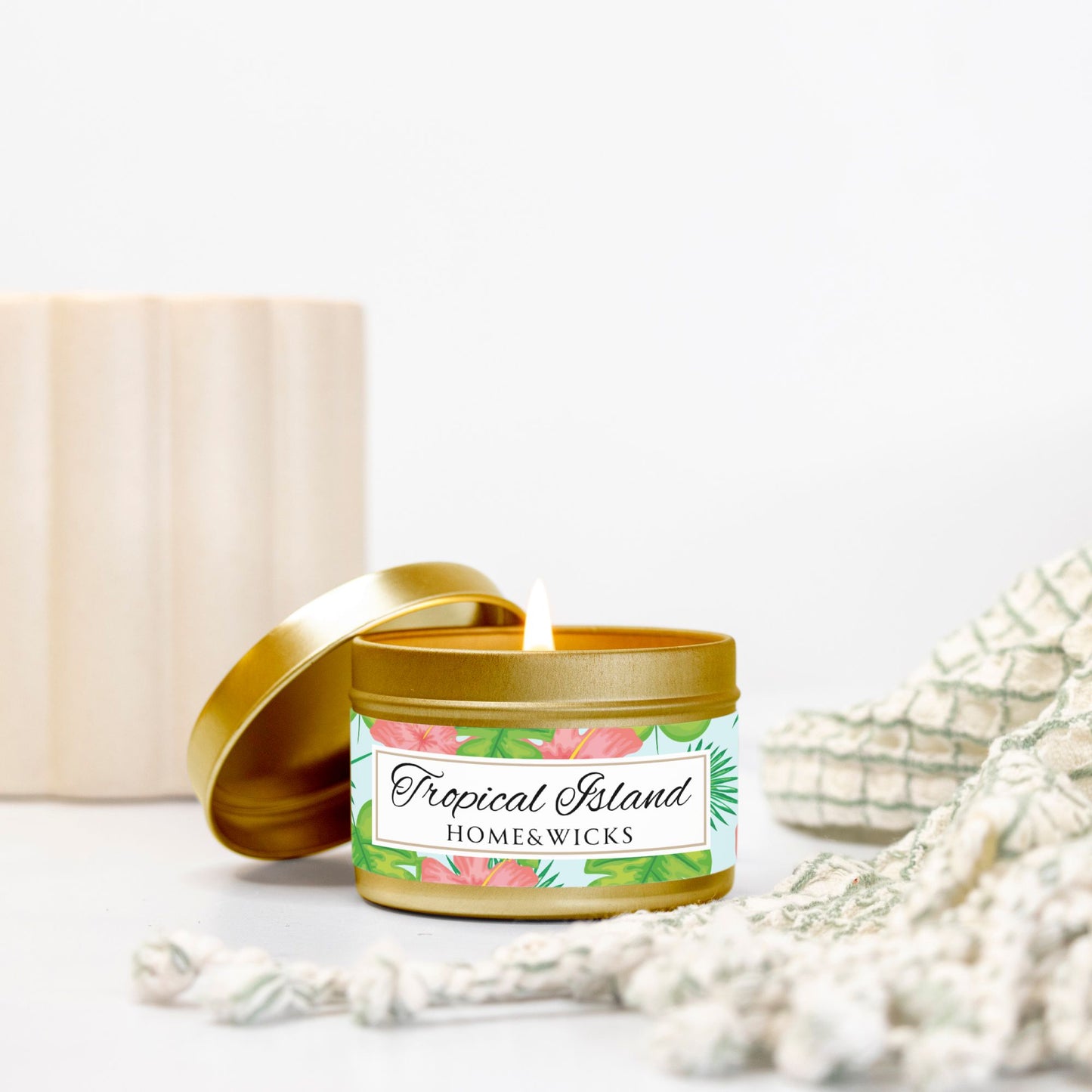 Tropical Island Coconut Soy Wax Candle, 4 oz. Gold Tin Jar with Lid - Tropical Candle, Fruit Scented Candle, Tropical Decor