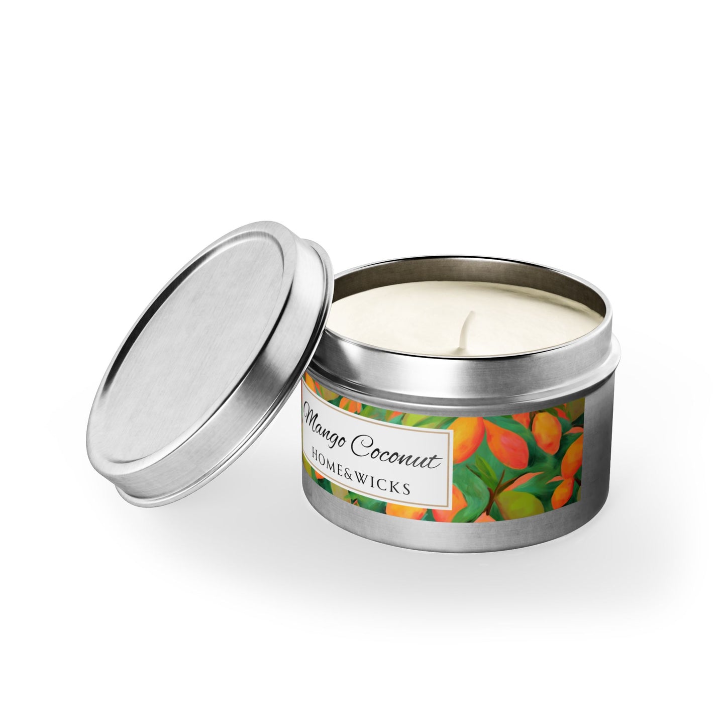 Mango Coconut Scented Coconut Soy Wax Candle, 4 oz. Silver Tin Jar with Lid - Fruity Candle, Gift for Her, Tropical Candle, Summer Decor
