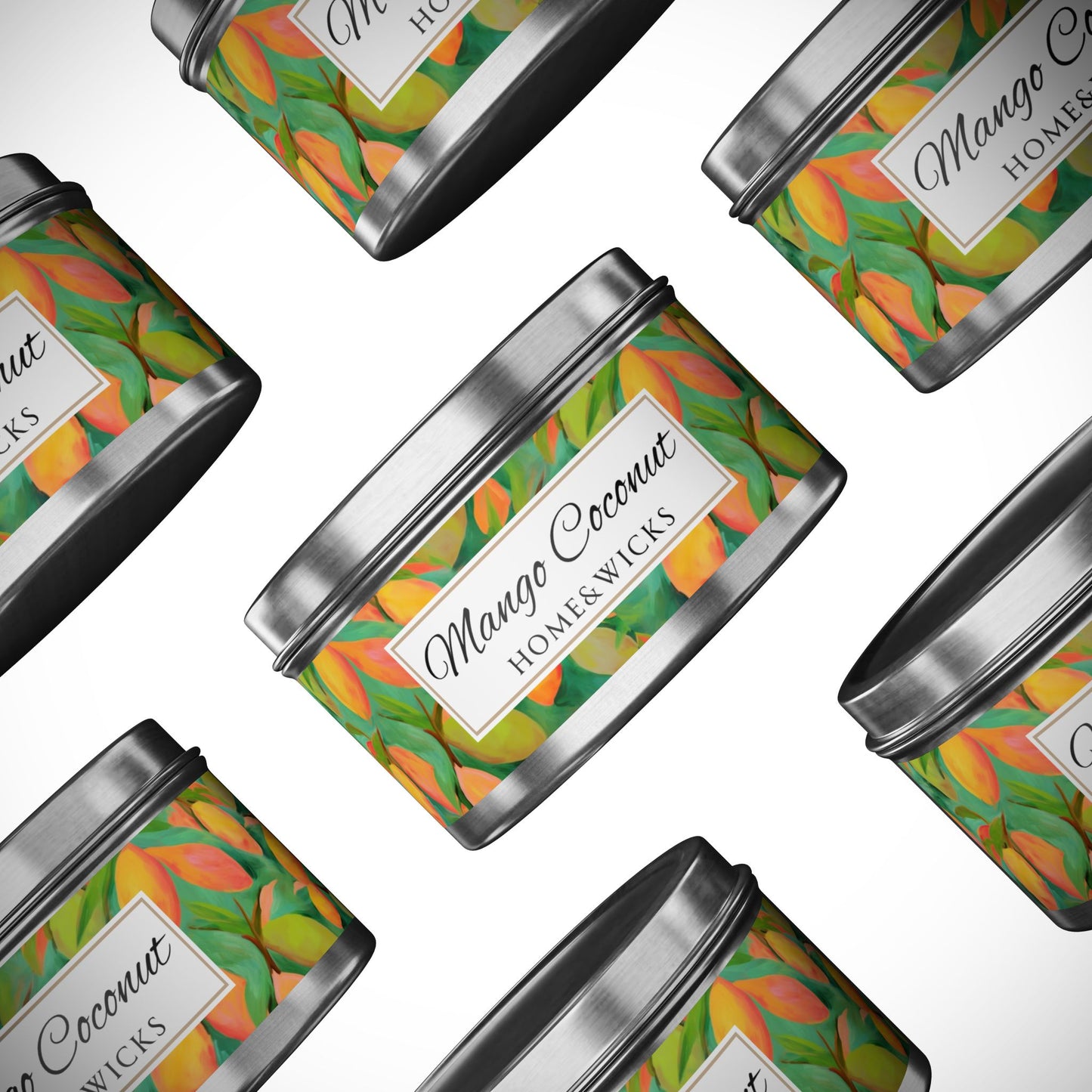 Mango Coconut Scented Coconut Apricot Wax Candle, 8 oz. Silver Tin Jar with Lid - Fruity Candle, Gift for Her, Tropical Candle, Summer Decor
