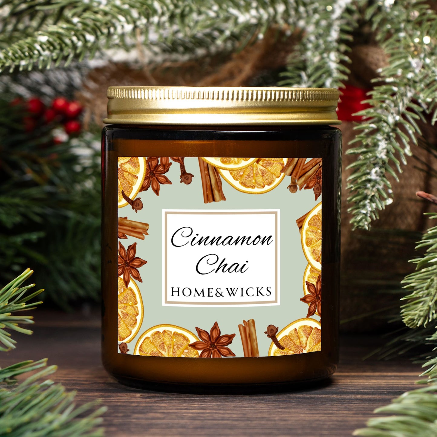 Cinnamon Chai Coconut Apricot Wax Candle, 9 oz. Amber Jar with Gold Lid, Cotton Wick- Cozy Aromatherapy, Spicy Scented Candle, Fall, Winter Candle