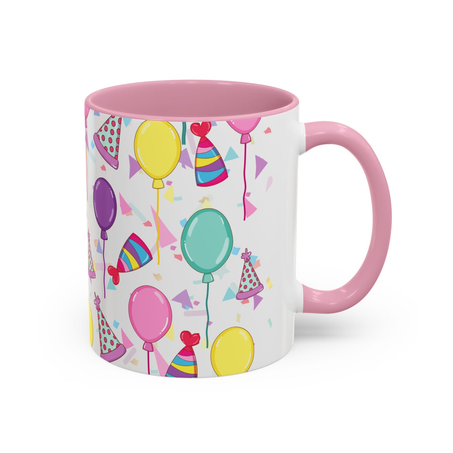 Happy Birthday mug with pink accent color with birthday hats, confetti and balloons pattern on a white background